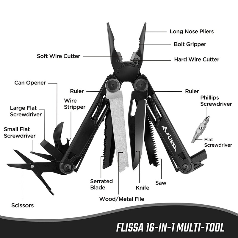 Flissa 16-in-1 Multitools with Sheath, Stainless Steel EDC Multitool-Black