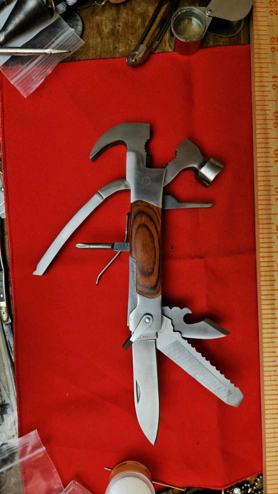 Vtg Sheffield Multi-Tool With Original Case Hammer Pliers Can Opener & More