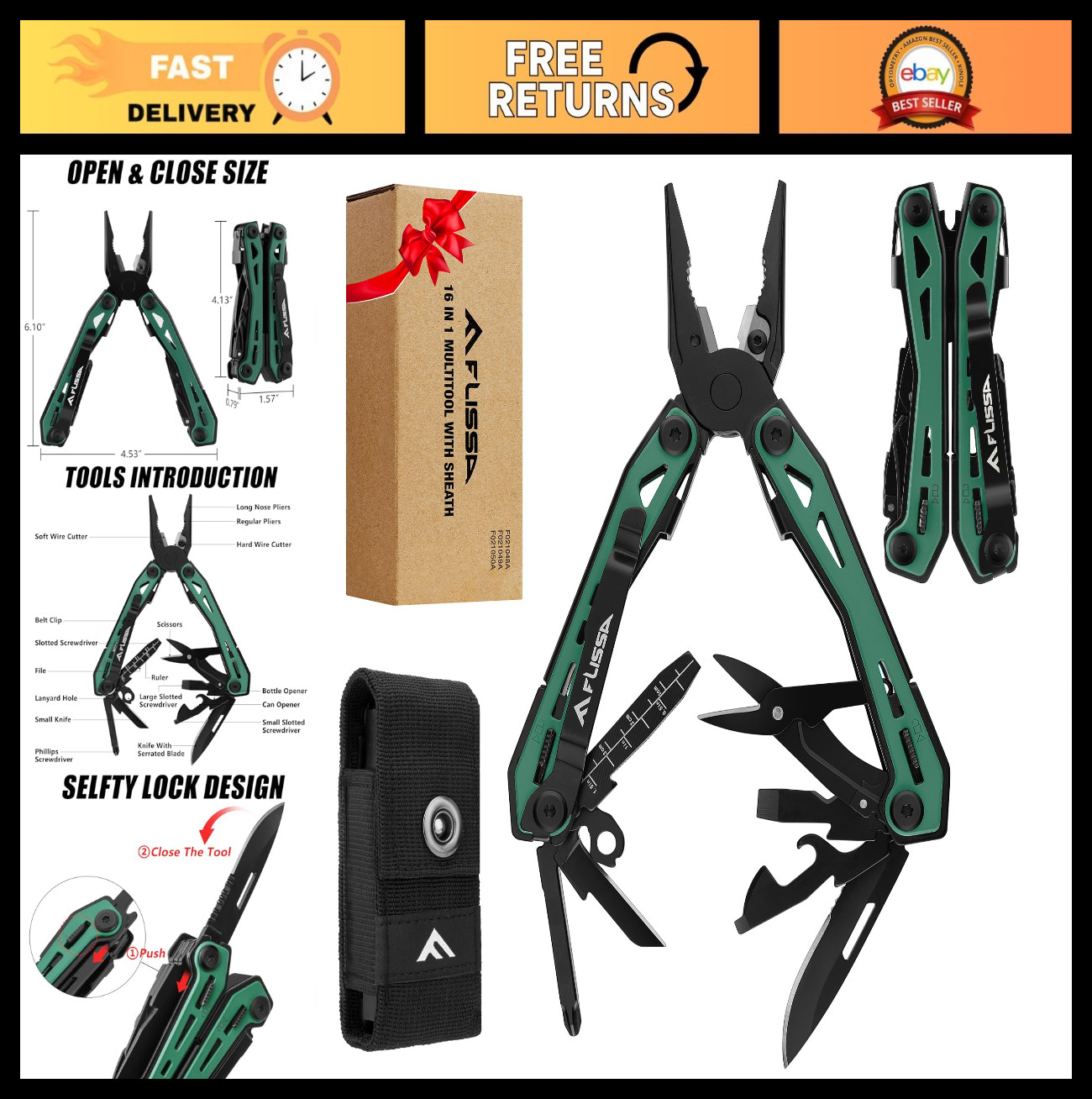16-in-1 Multi Tool Pliers, Stainless Steel EDC Multitool with Pocket Knife, Belt