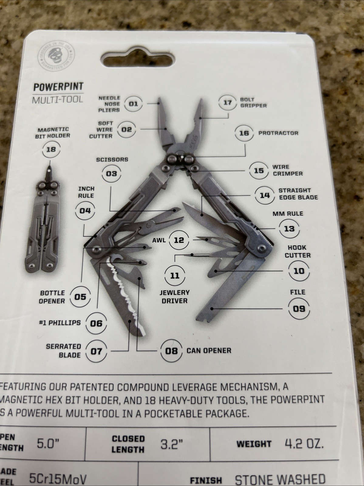 SOG Powerpint Silver Needlenose Pliers Scissors Knife MultiTool Pliers PP1001-CP