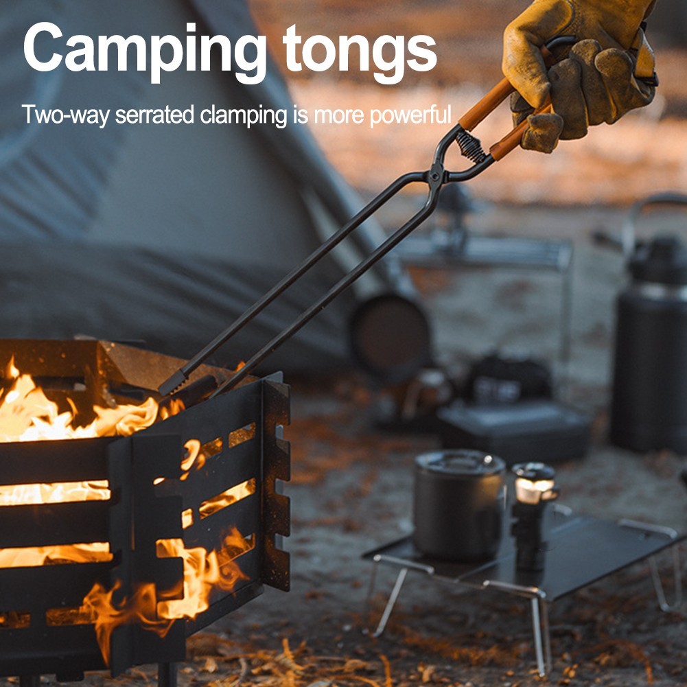 High Strength Fire Tongs for Campsite Cooking with Leather Wrapped Handle