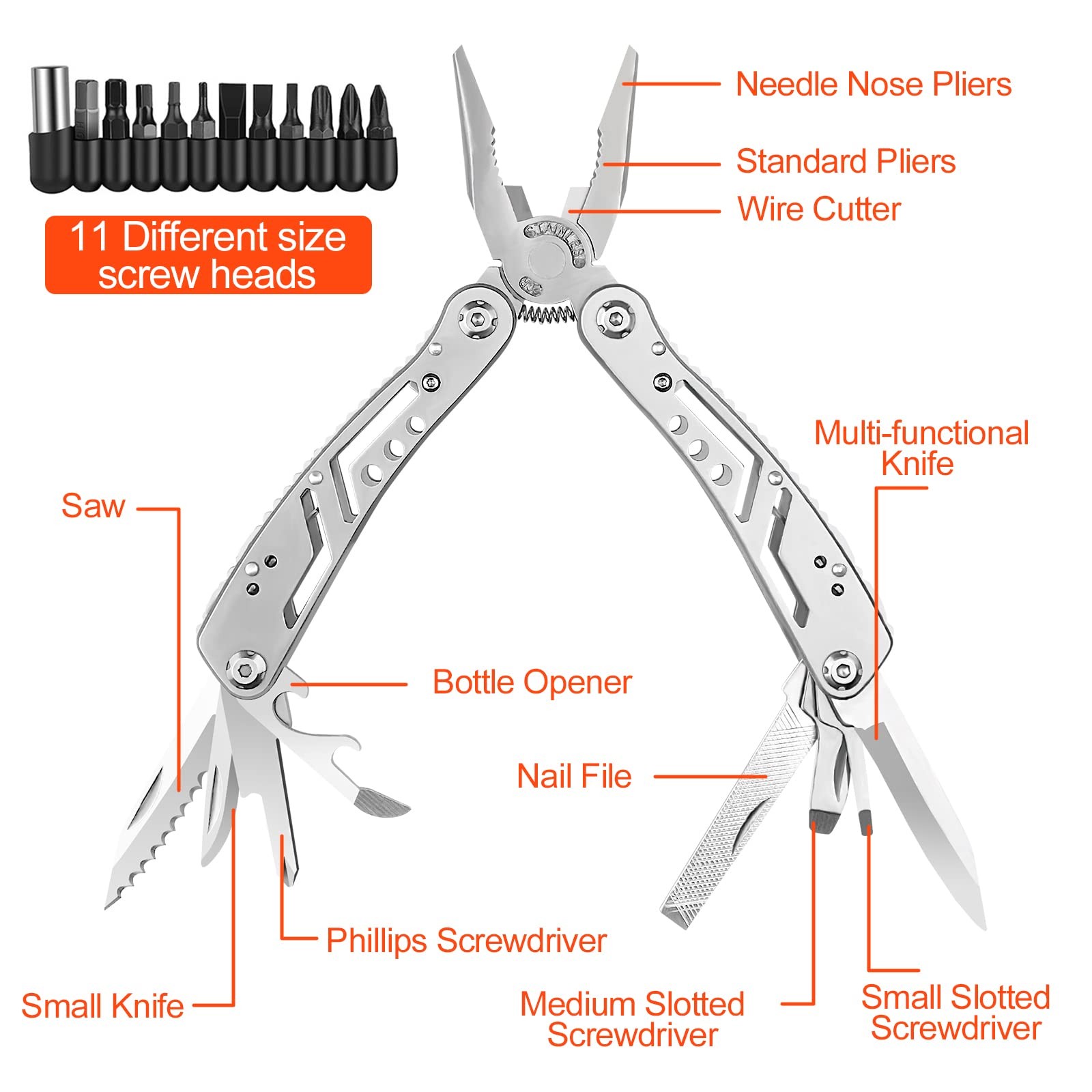 Multi Tool Tool 11-in-1, Folding Stainless Steel Multifunctional Pliers with Sc…