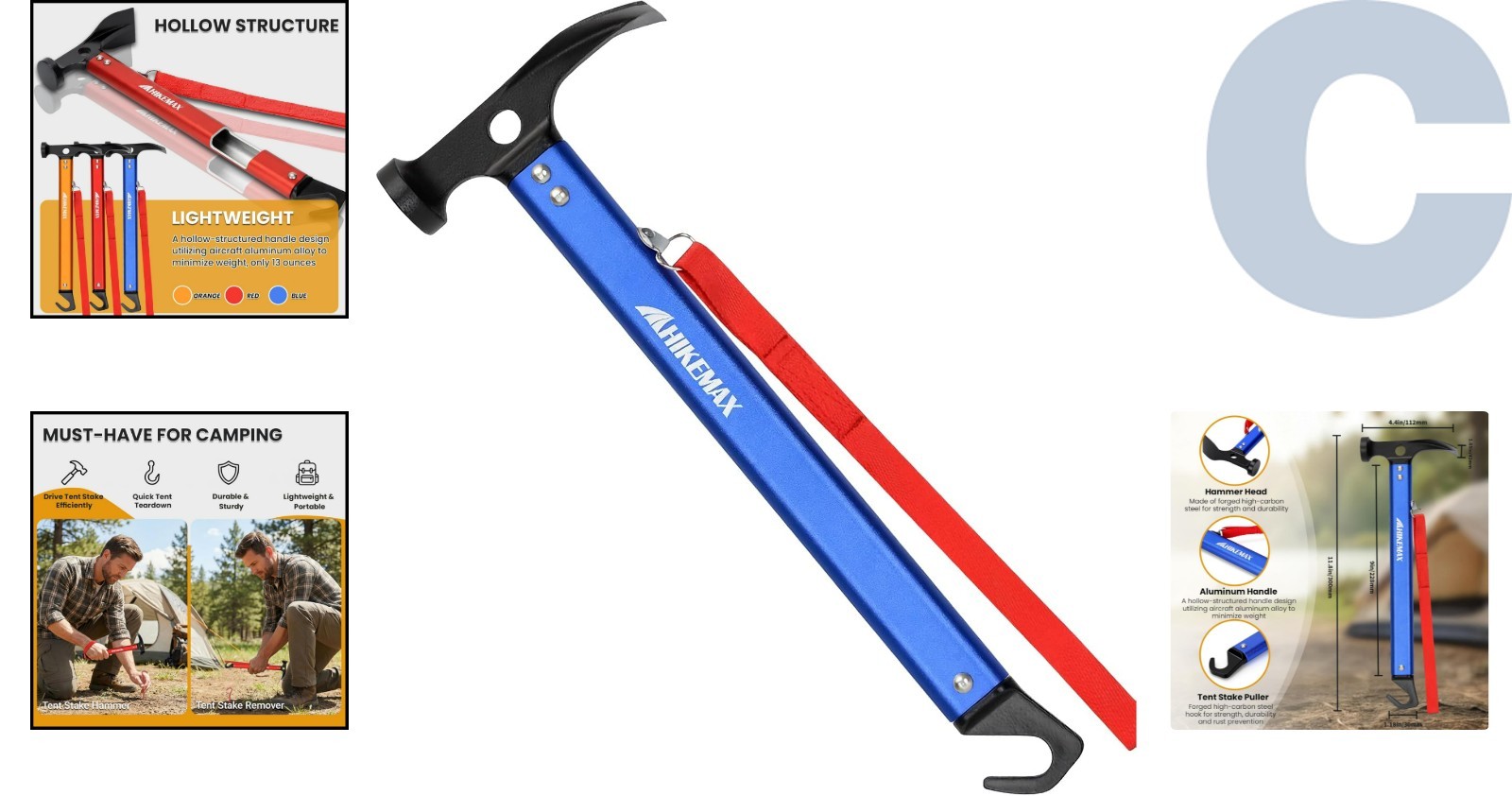Lightweight 13-Ounce Outdoor Camping Hammer with Multi-Functional Stake Remover