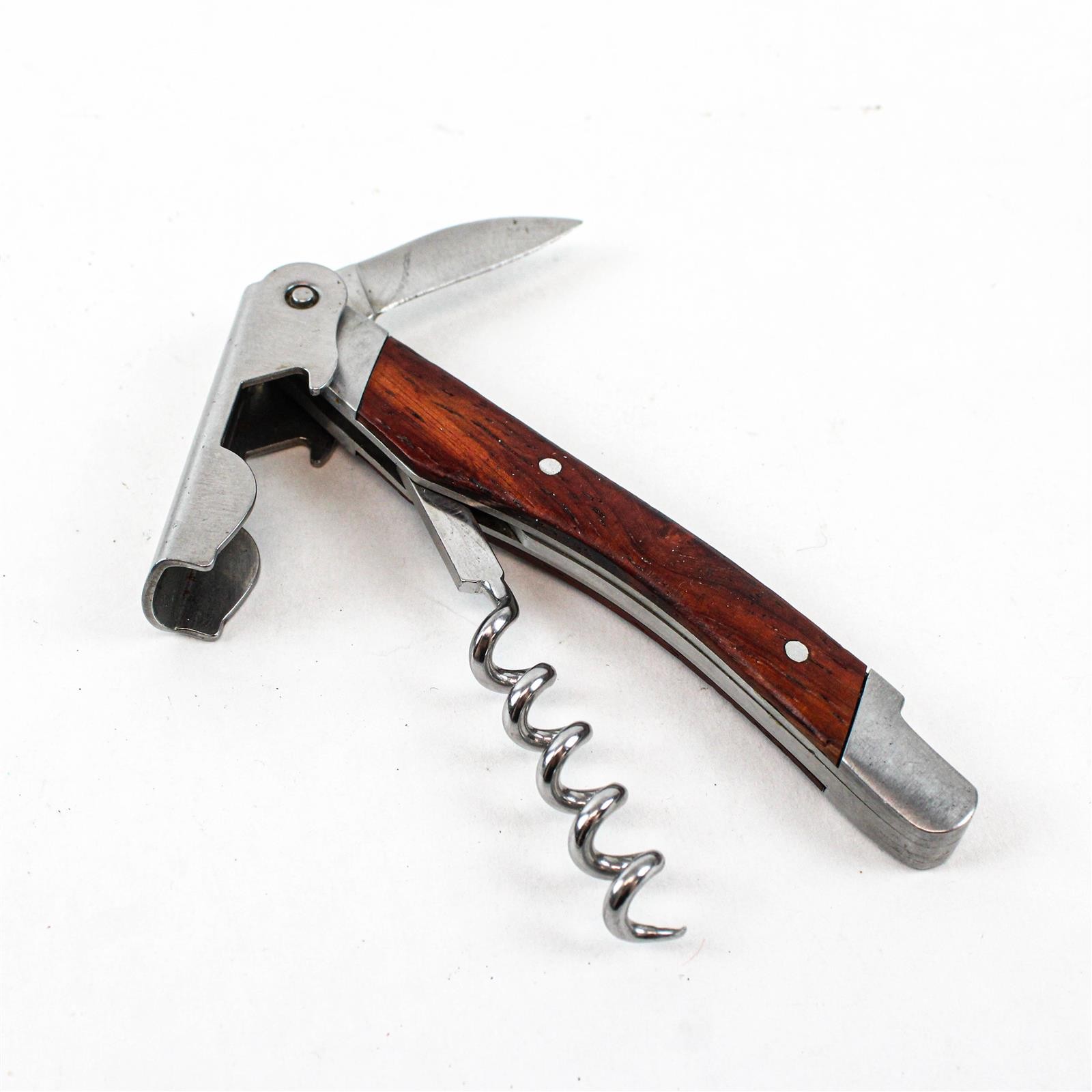 Stainless Steel and Wood Corkscrew Wine Bottle Opener and Knife
