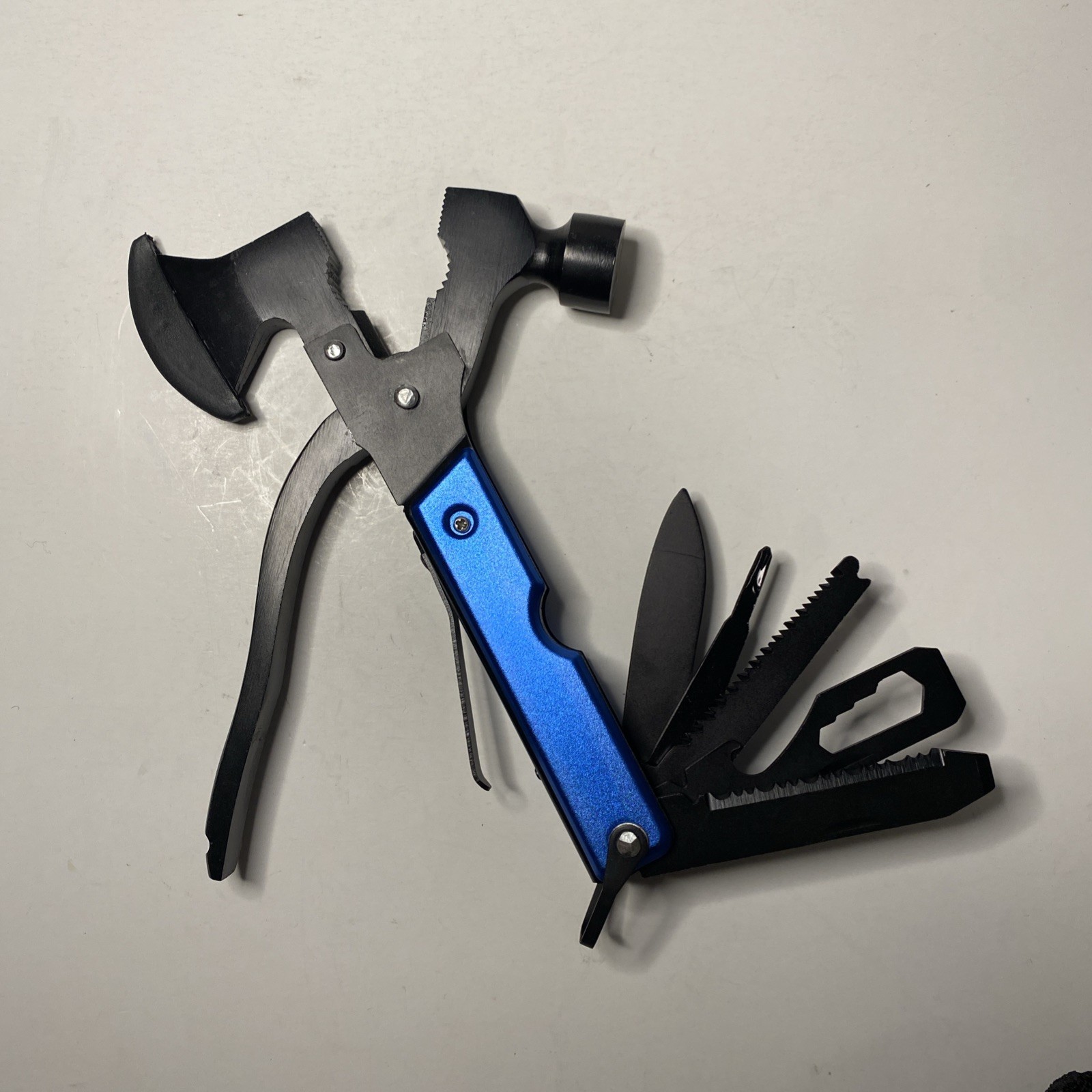 Folding Hammer Axe Multitool Blue Handle w/ Nylon Sheath