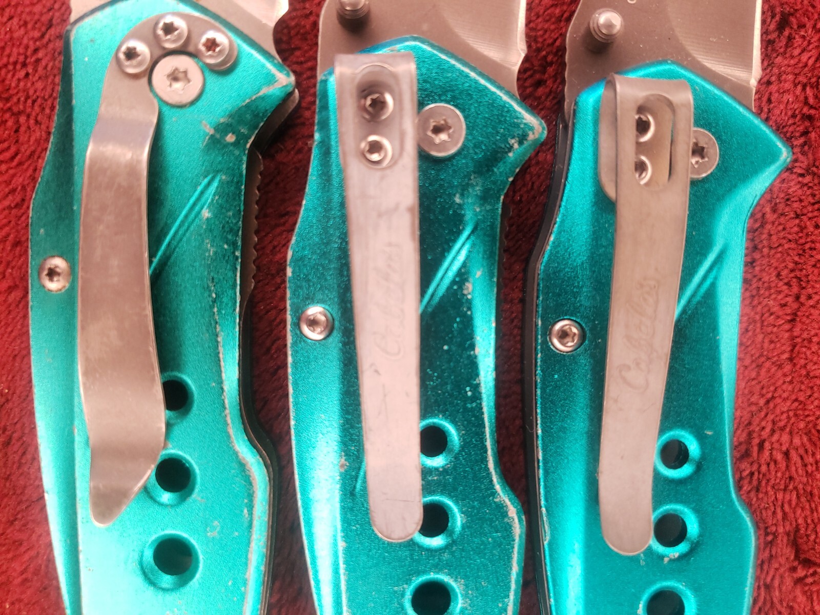 Lot 3 Cabela’s Plain Edge Liner Lock Aluminum Scale Folding Cyan Turquoise color