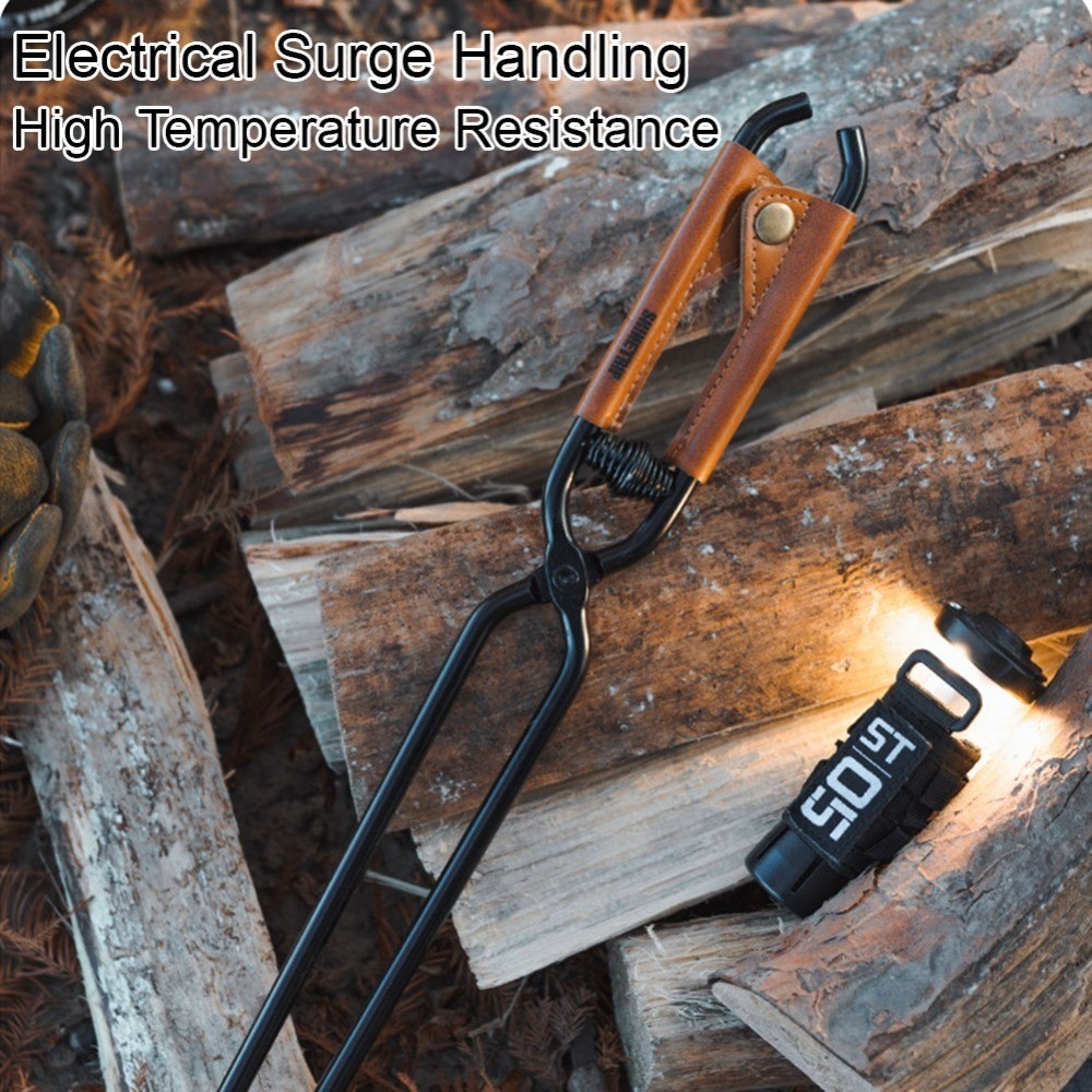 For Carbon Steel Camping Charcoal Tongs Bonfire BBQ Firewood Clip Leather Handle