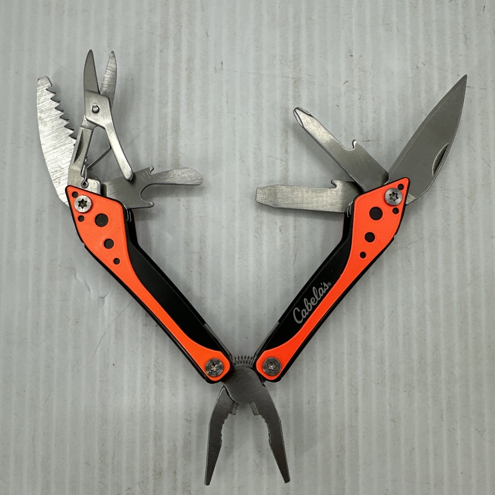 Cabela’s Multi-Tool Pliers Orange Black Stainless Steel Camping Knife With Case