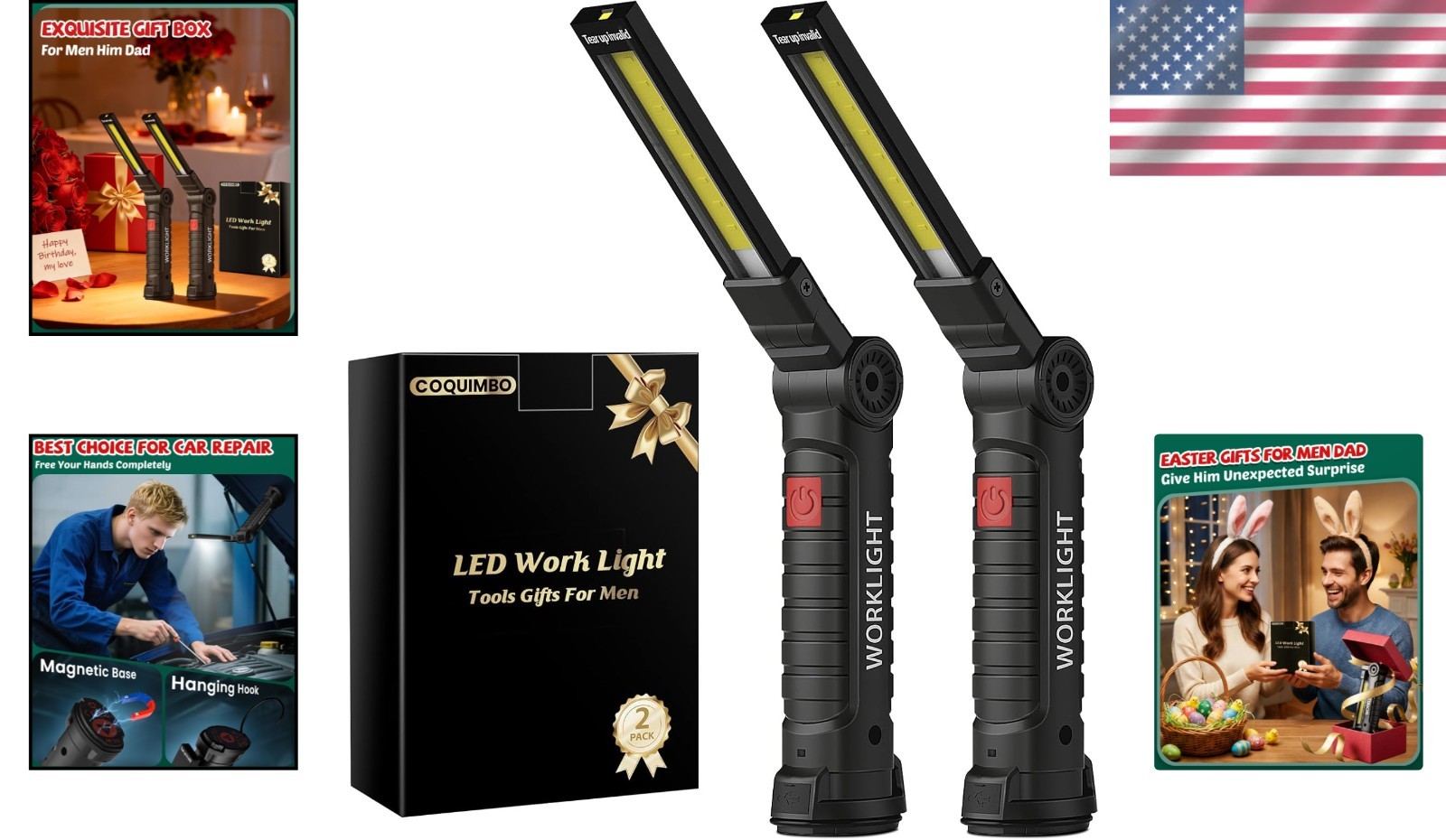 Compact Rechargeable LED Mechanic Flashlights with Magnetic Base – 2 Pack Gift