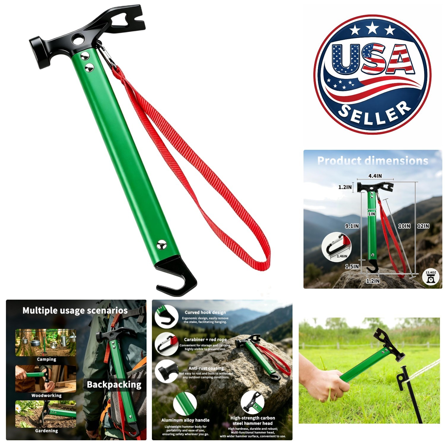 Bright Green Aluminum Camping Hammer – Lightweight & Functional for Outdoors