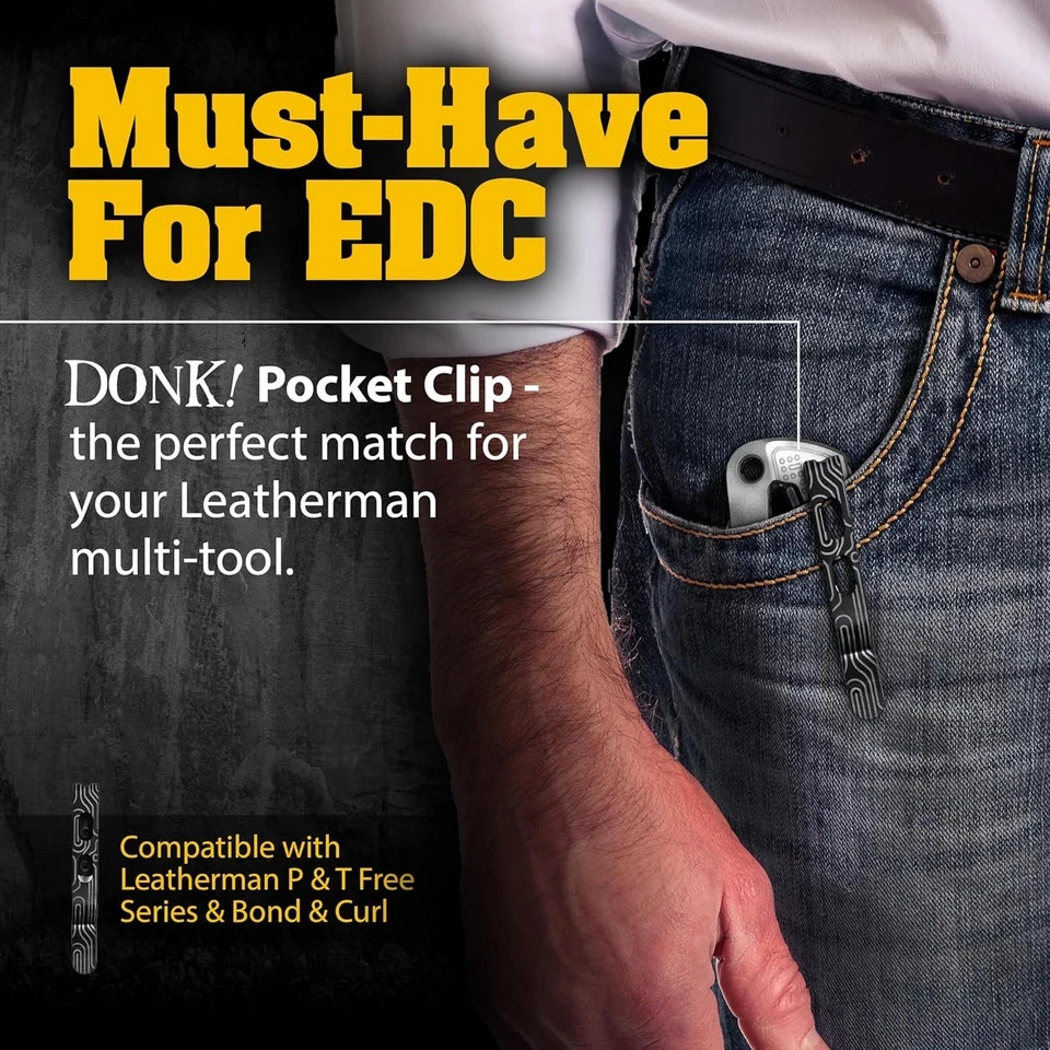 Donk! Titanium Pocket Clip. Made for Leatherman Free (P2, P4, T2 & T4) Curl & Bo