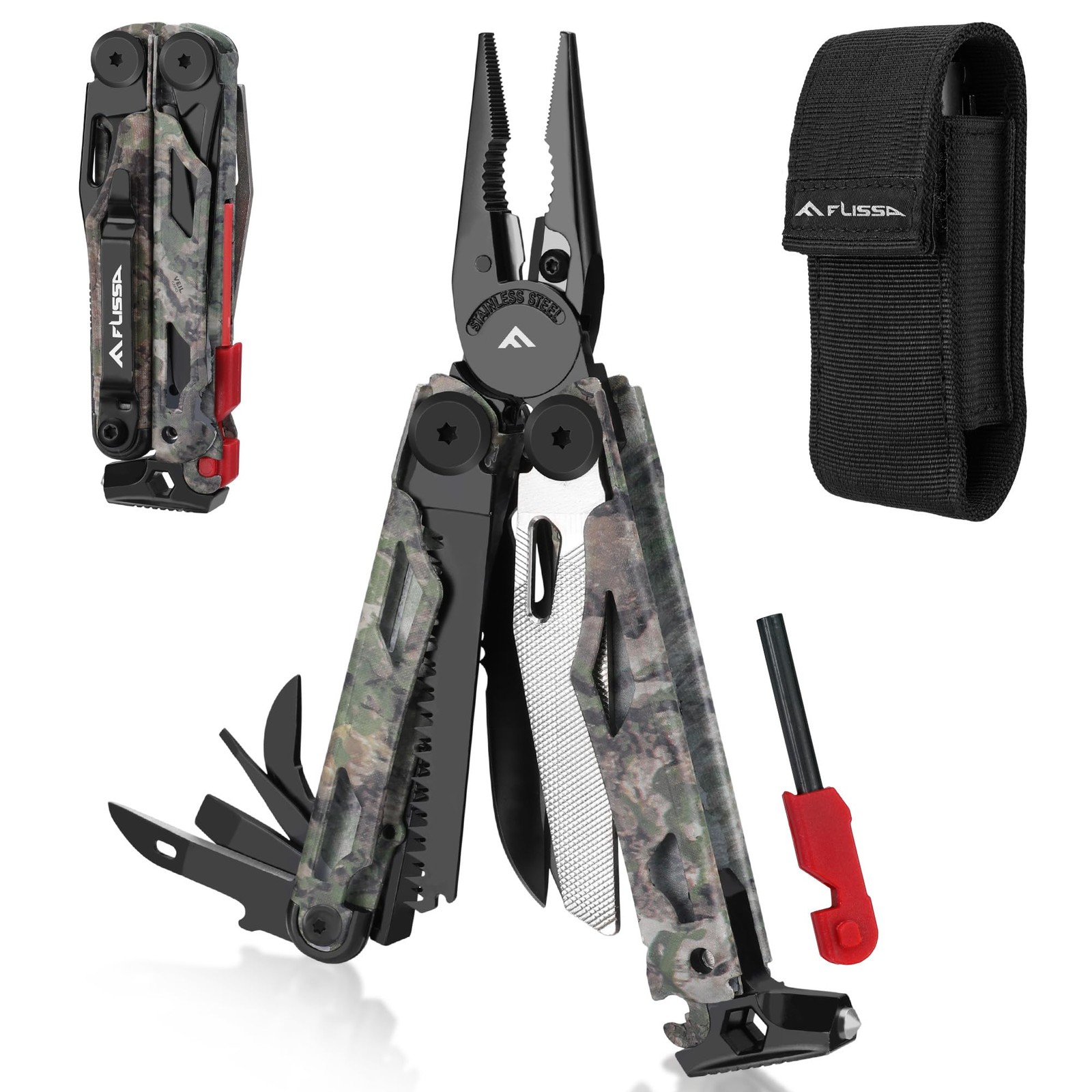 Multitool, 18 in 1 Camo Multitool Pliers with Fire Starter, Window Breaker, W…