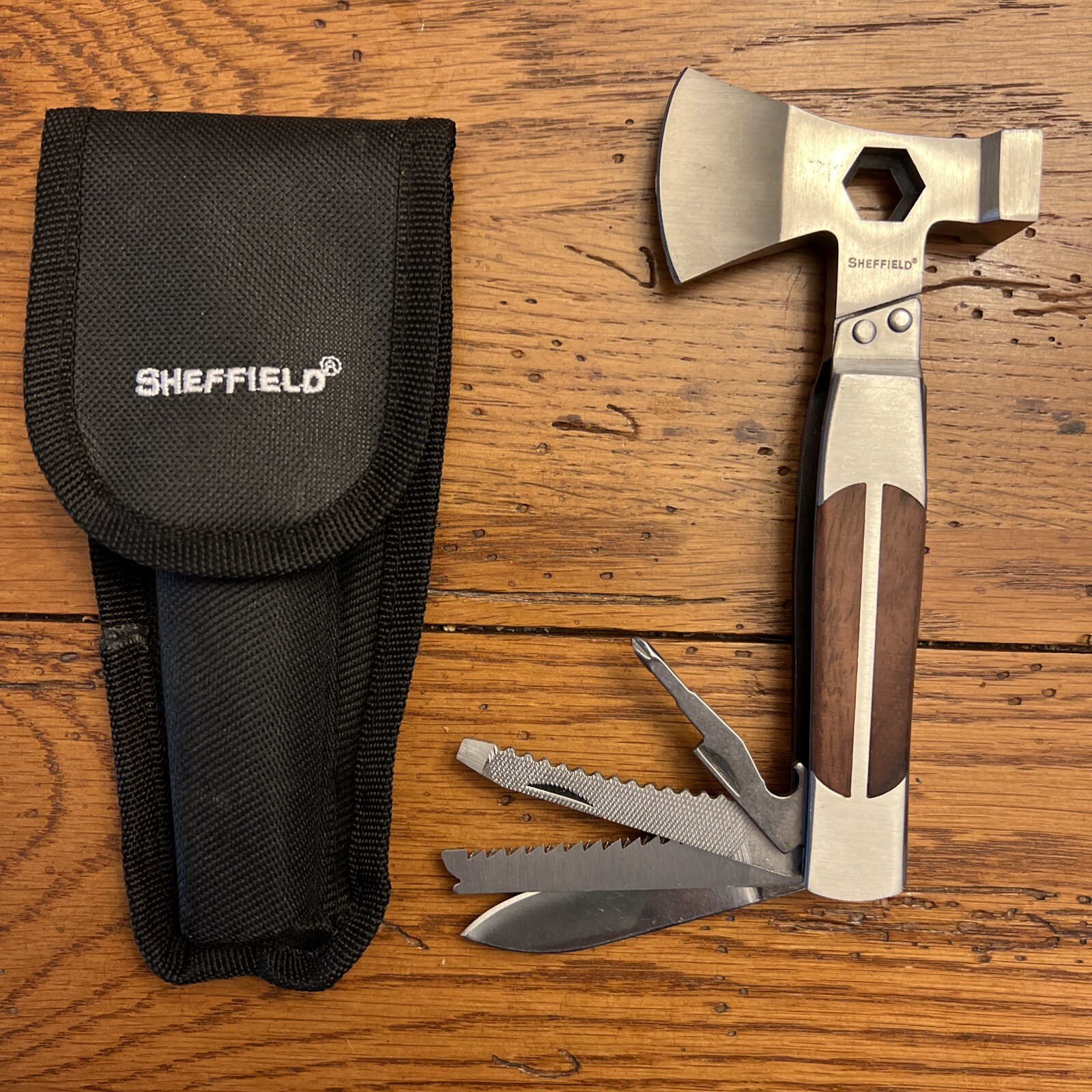 Sheffield 12-in-1 Stainless Steel Hatchet Multi Tool w/Nylon Belt Pouch Camping