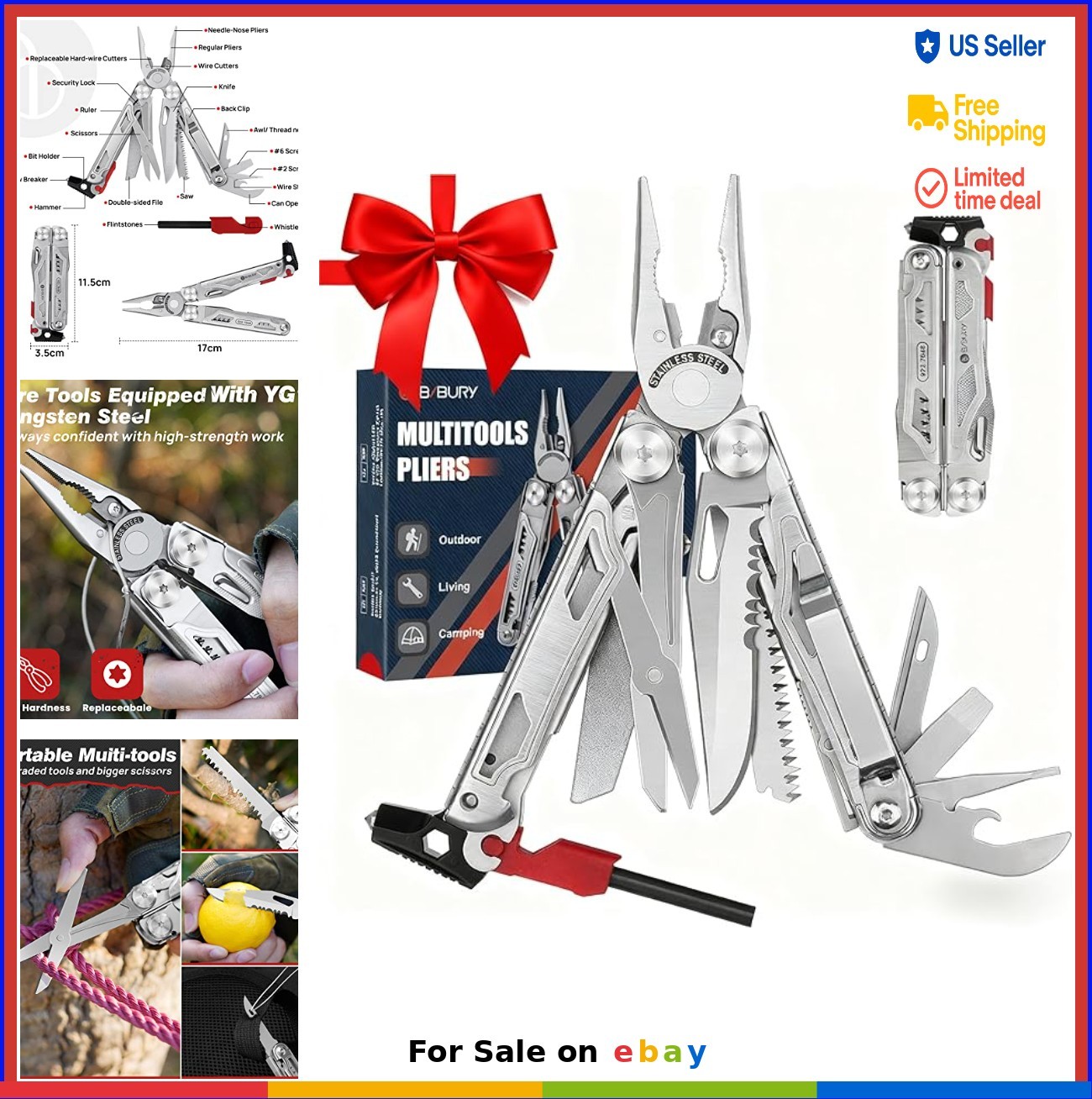 Multitool Pliers 22 in 1 Stainless Steel with Flint Window Breaker Scissors