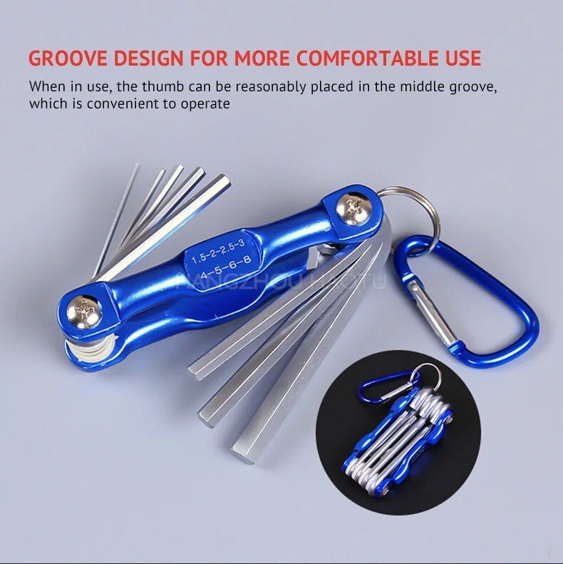Portable Folding Hex Allen Key Wrench Hexagonal 8PCS with Carabiner Clip