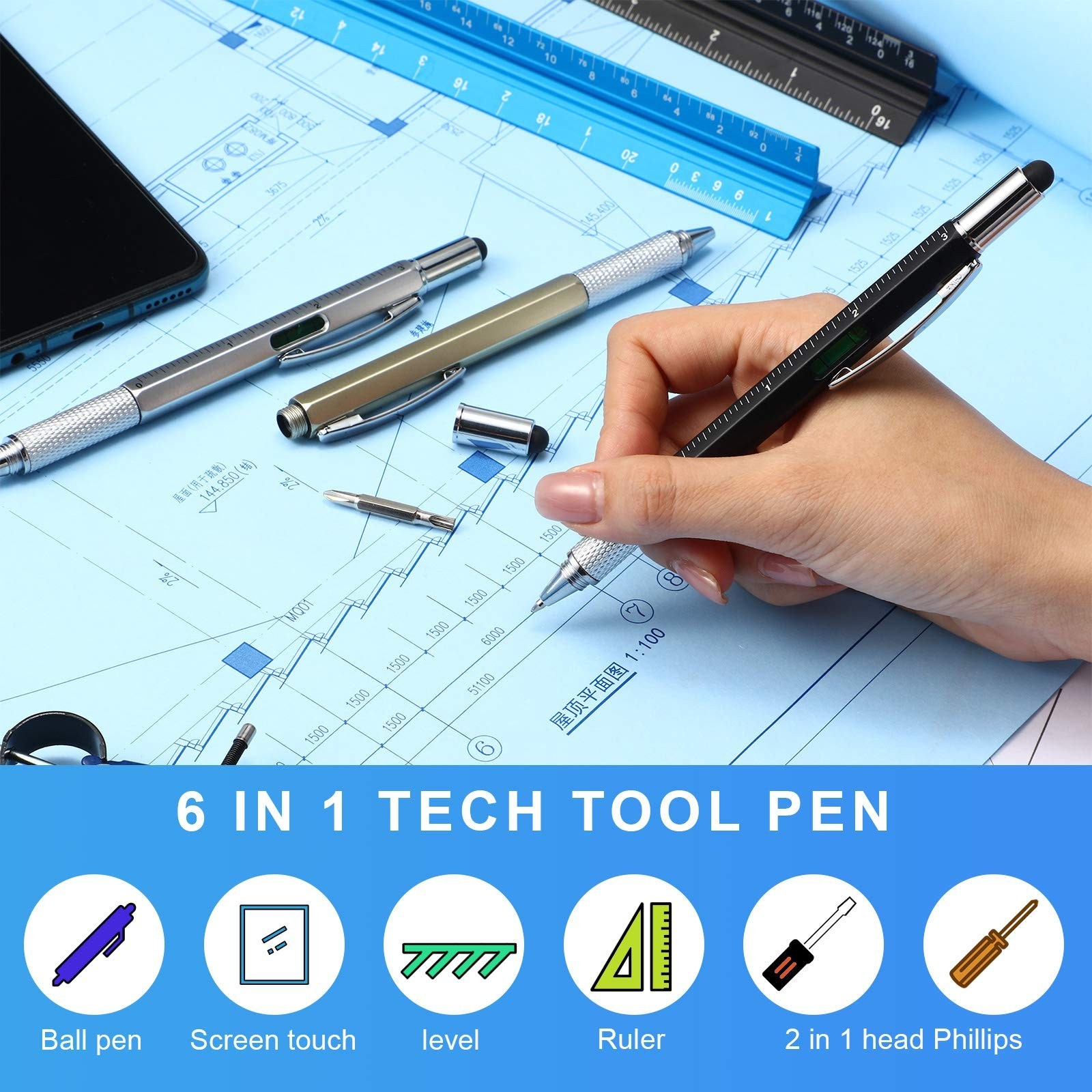 30 Pieces Tool Pen 6-in-1 Multitool Tech Tool Pen with Ruler, Level Gauge, Ba…