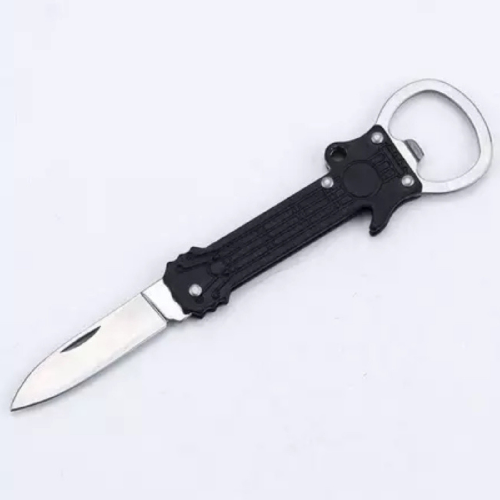 GUITAR SHAPE METAL KEY CHAIN & BOTTLE OPENER KNIFE PEELER SURVIVAL FOLDING BLADE