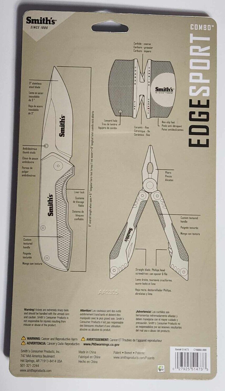 Knife Set- Smith’s Combo Edge Sport: Knife/ 2-Step Sharpener/ Pliers