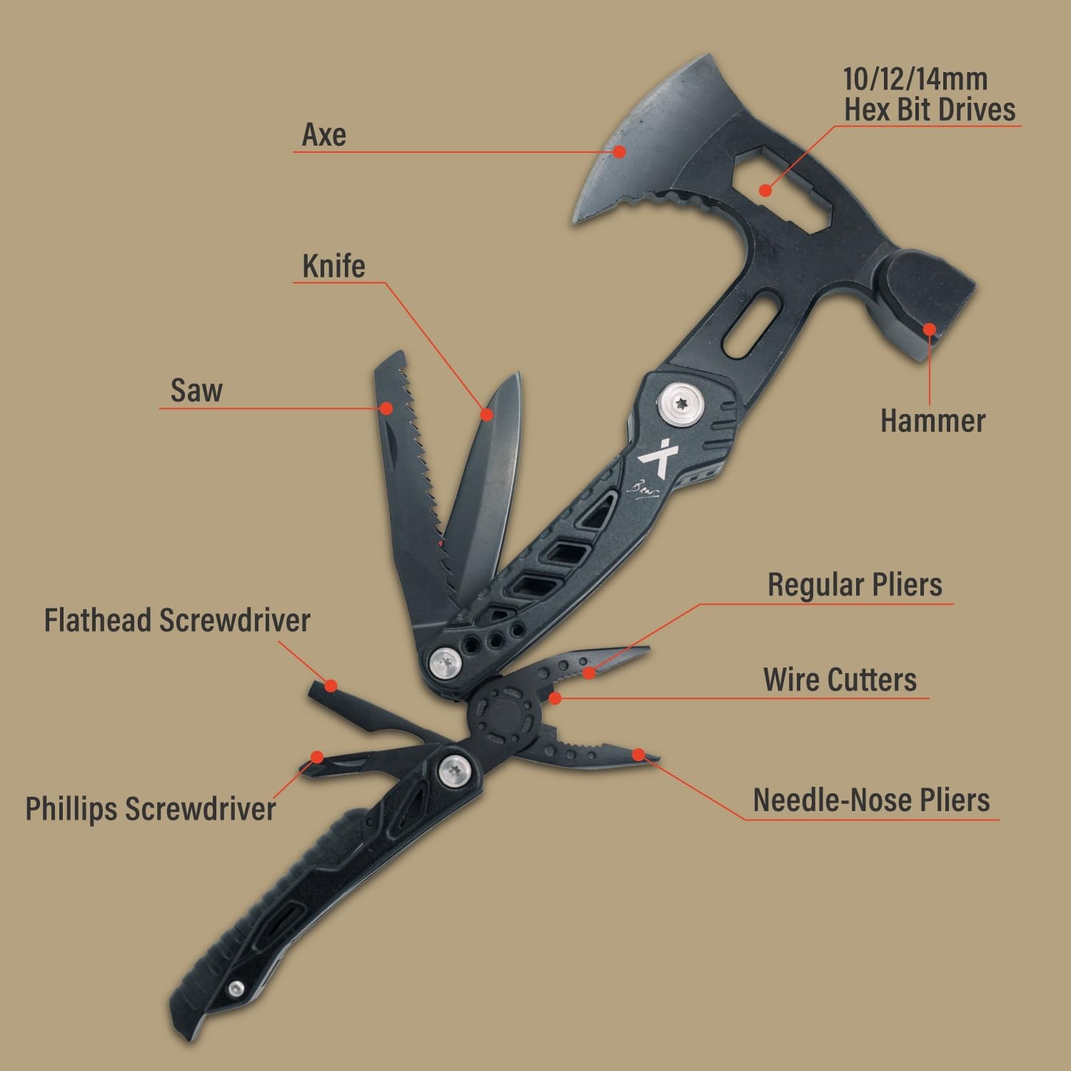 Axe Multitool Hammer With Knife Bottle Opener Hatchet Nylon Sheath Saw Screwdriv