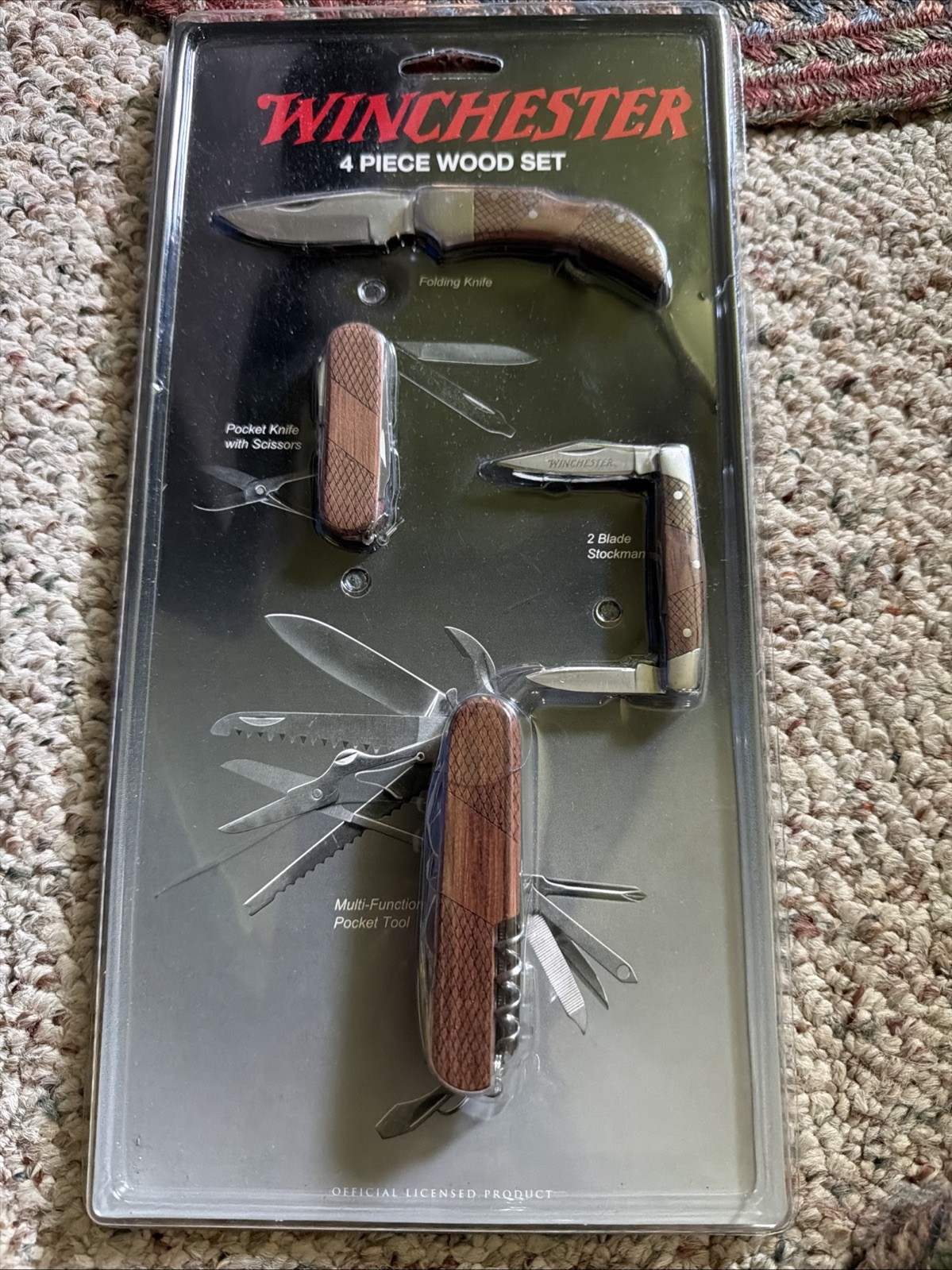 Genuine Winchester 4 Piece Wood Pocket Knife Scissors / Multi Tool Set NIP