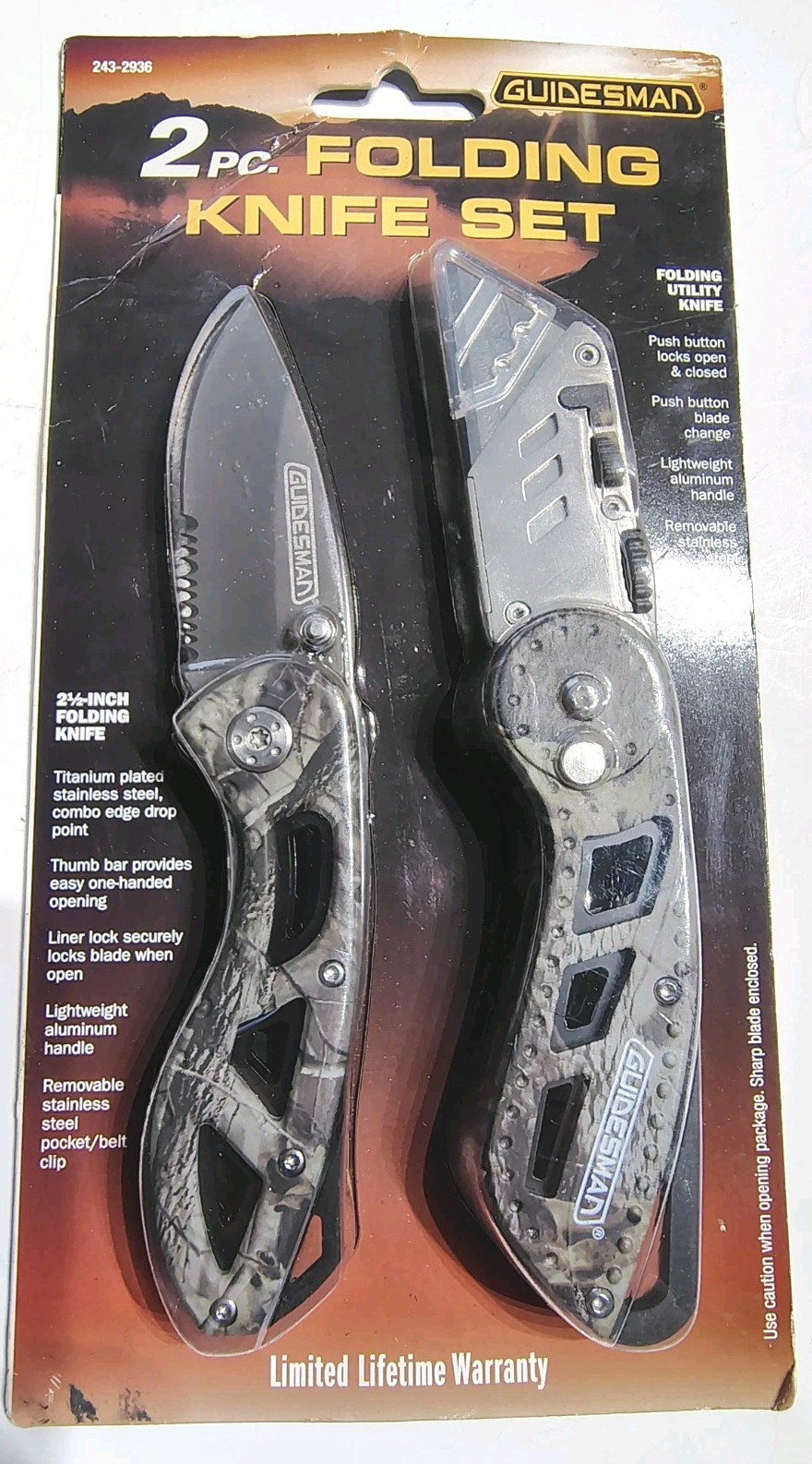 Guidesman 2.5″ Folding SS Knife,Titanium Plated Drop Pt + Utility Knife, 2PC Set