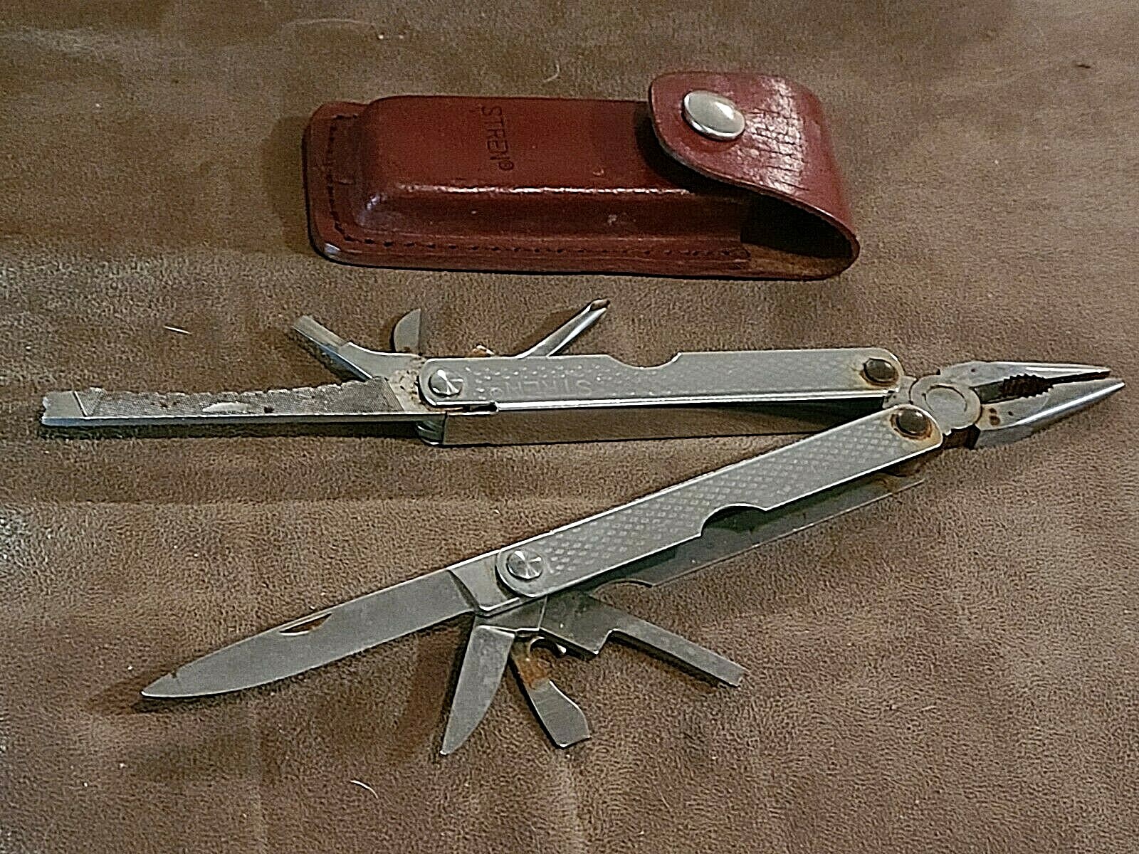 Stren Stainless Steel Multi Tool w Leather Belt Sheath Folding Pliers Rare