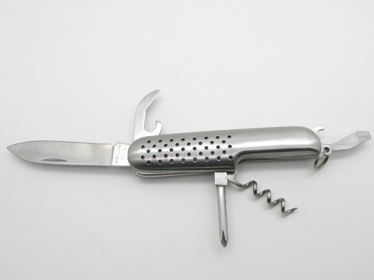 Vintage Silver Tone Multi-Tool Pocket Knife Stainless Steel Perforated Handle