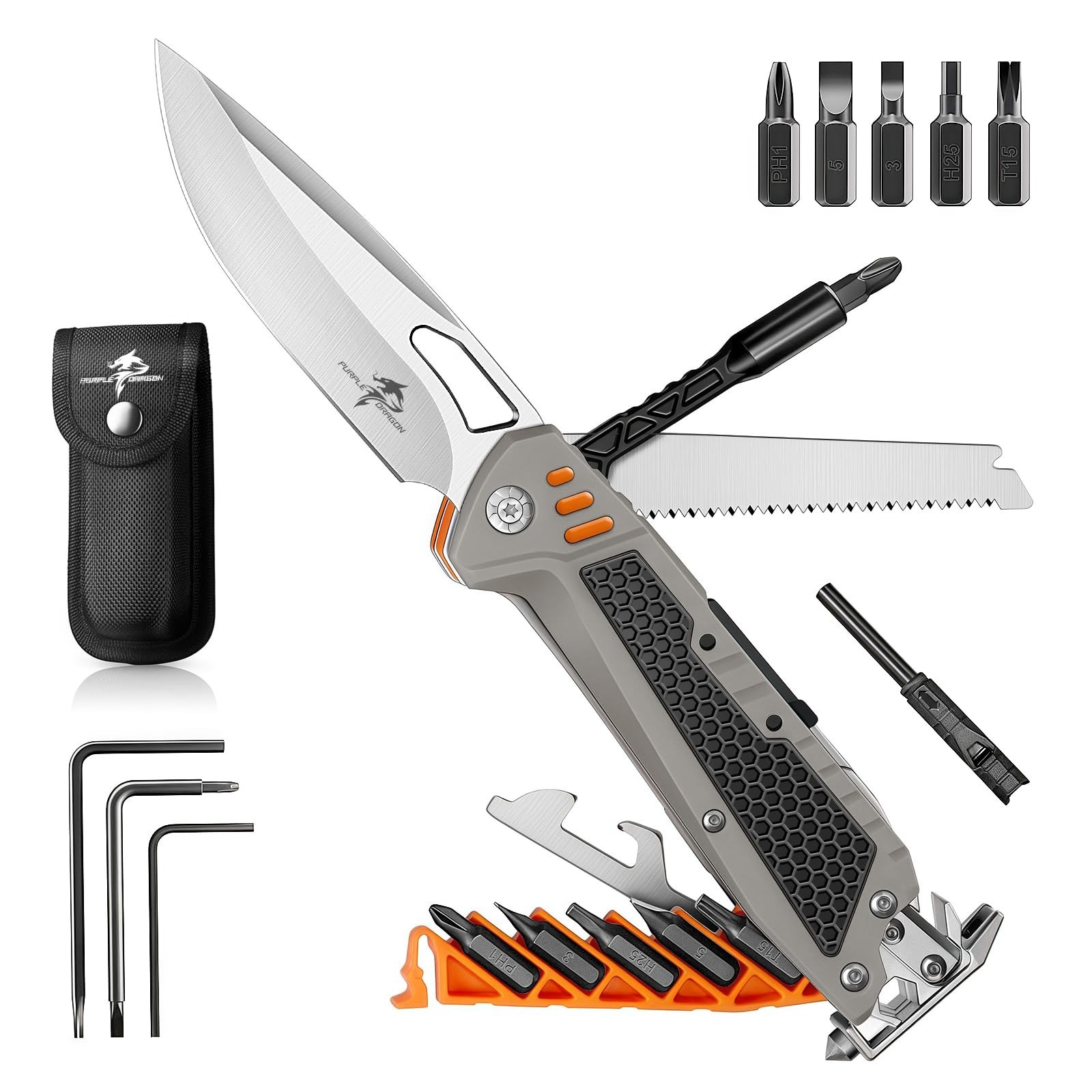13-in-1 Purple Dragon Multitool Pocket Knife with Sheath for Camping, Hiking & O