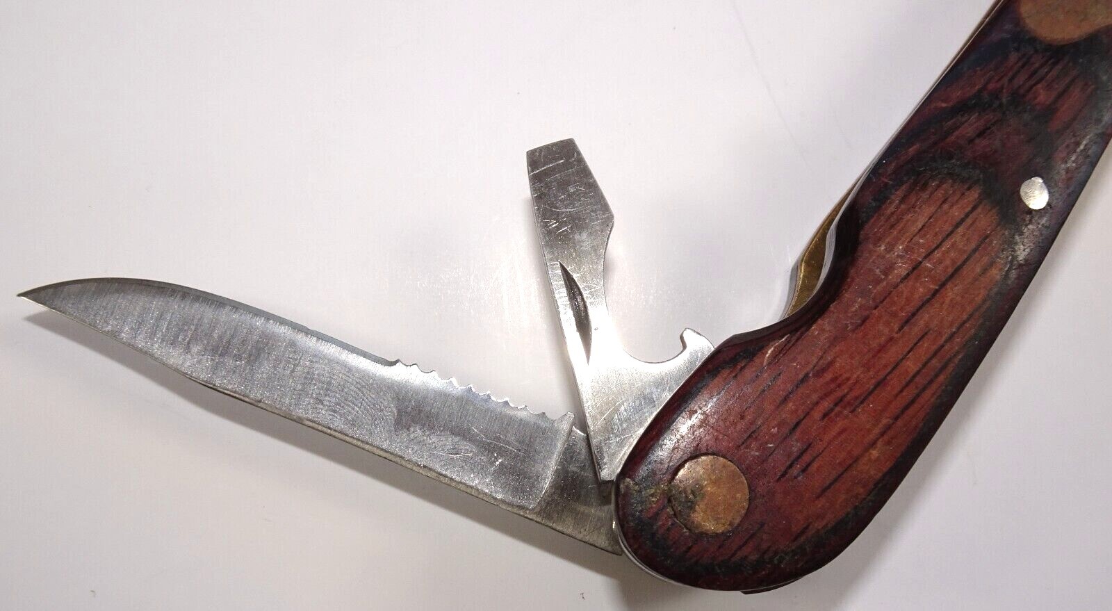 Husky Multi-Tool Knife Pliers Screw Drivers Ruler Saw Wood and Brass Handle