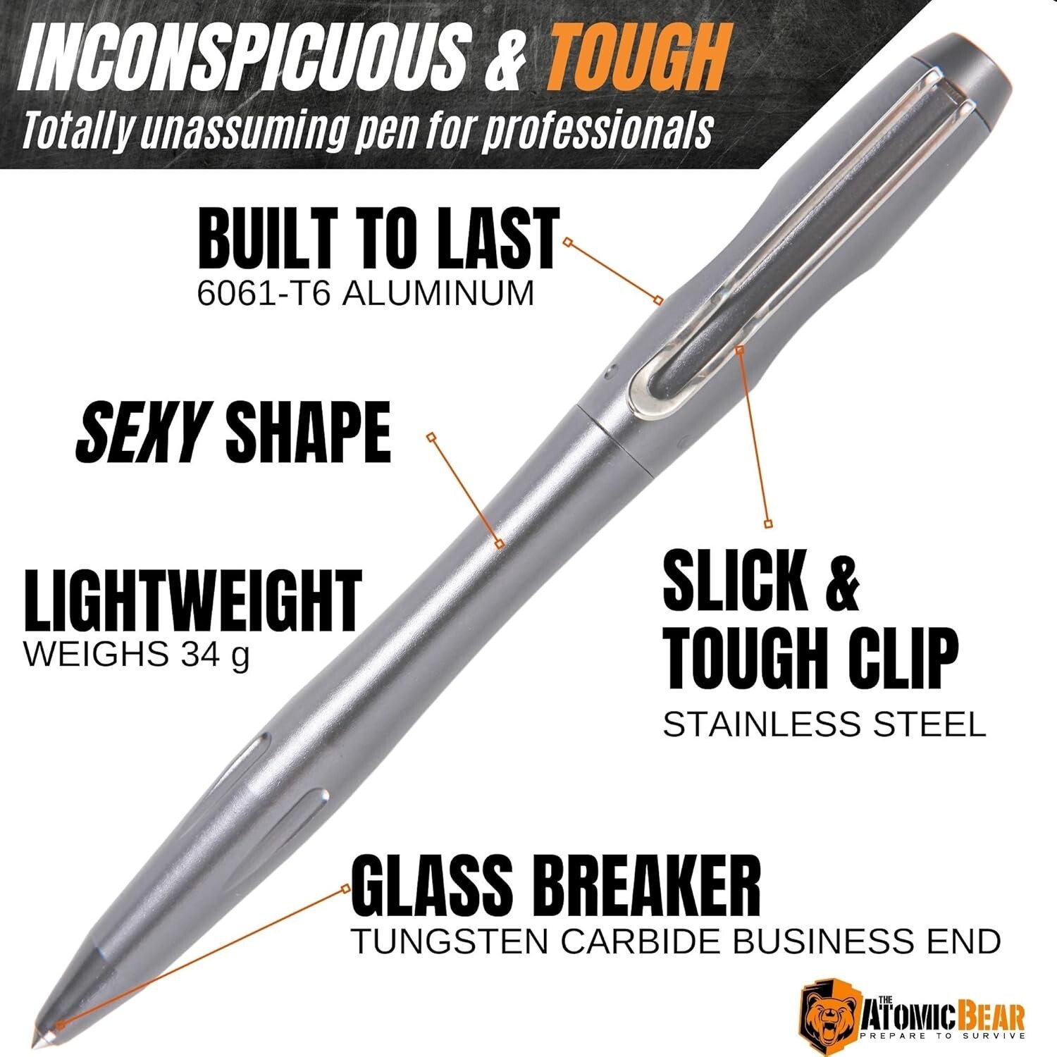 The Atomic Bear Tactical EDC Pen with Glass Breaker – 2 Black Ink Cartridges