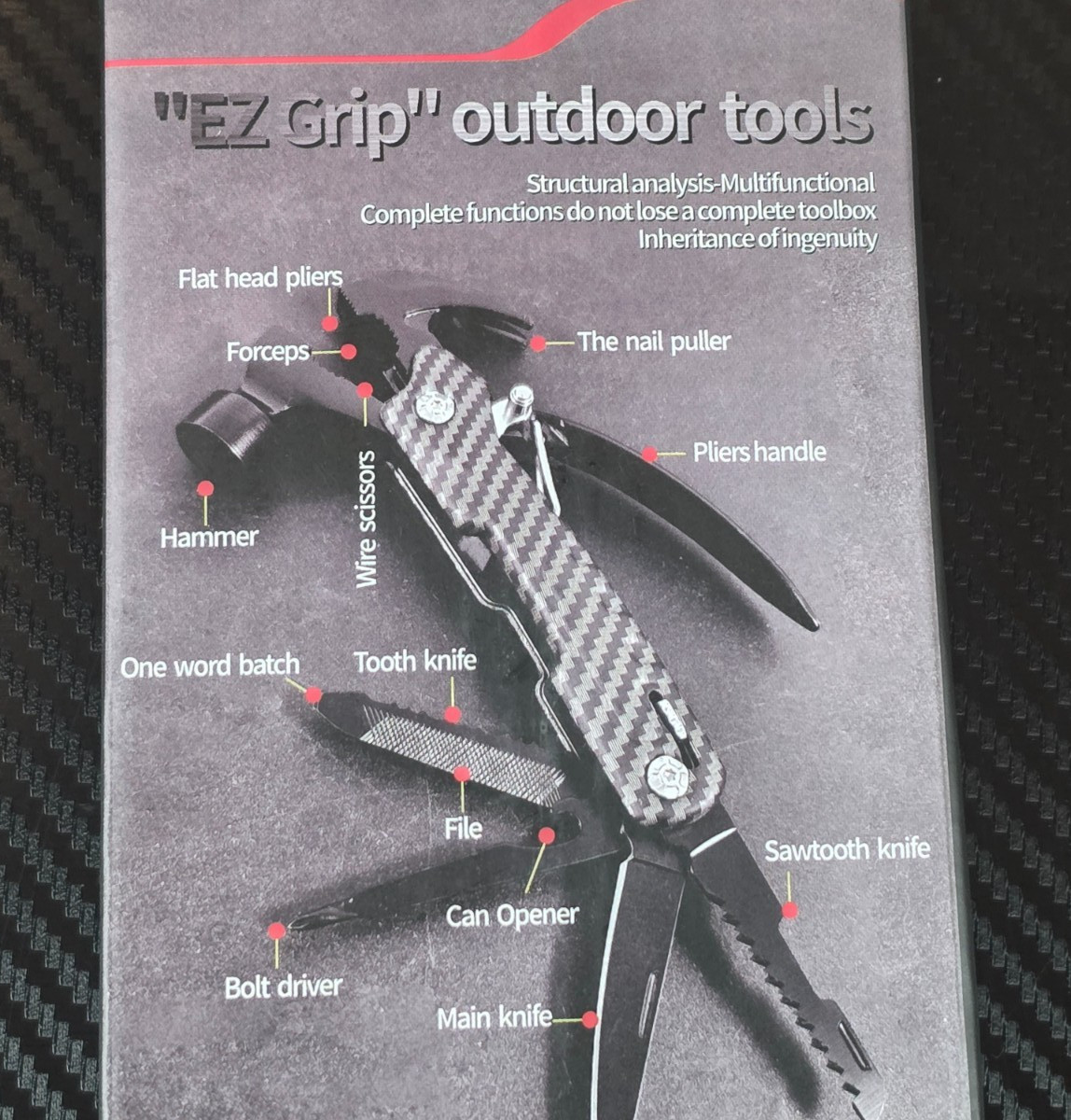 EZ Grip 12 in 1 Multitool Hammer Knife Pliers Saw Screwdriver CarbonFiber Design