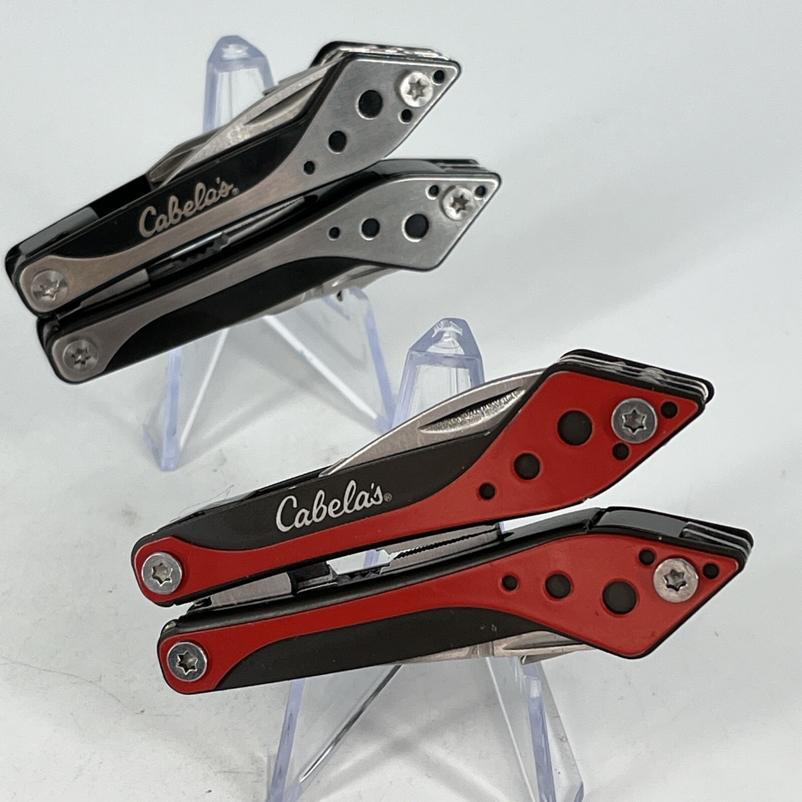 LOT OF 2 Cabela’s SILVER & RED Mini Multi-Tool Spring Open Pliers Scissors Saw