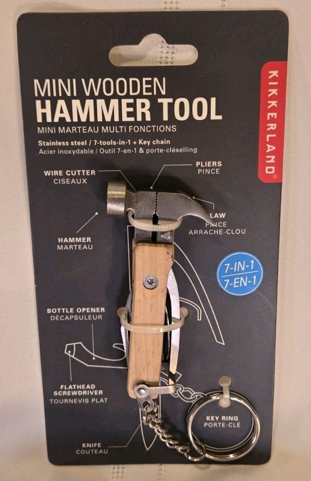 Kikkerland Wood Mini Hammer Tool 7-in-1 Multi Tool Mini Hammer KR13-W Utility