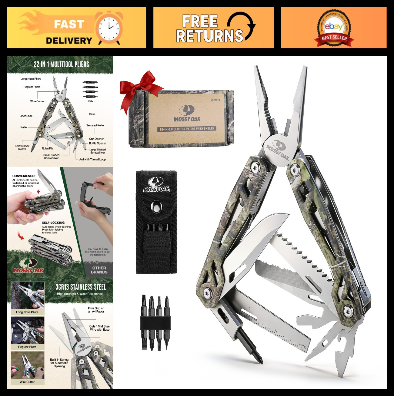 22-in-1 Stainless Steel Multitool with Pliers, Screwdriver, Knife & Sheath – Ide