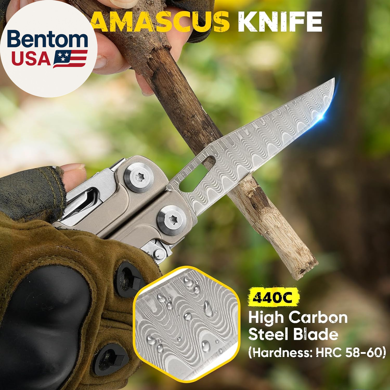 Titanium Alloy Multitool with Damascus Knife, EDC Multi Tools with Replaceable W