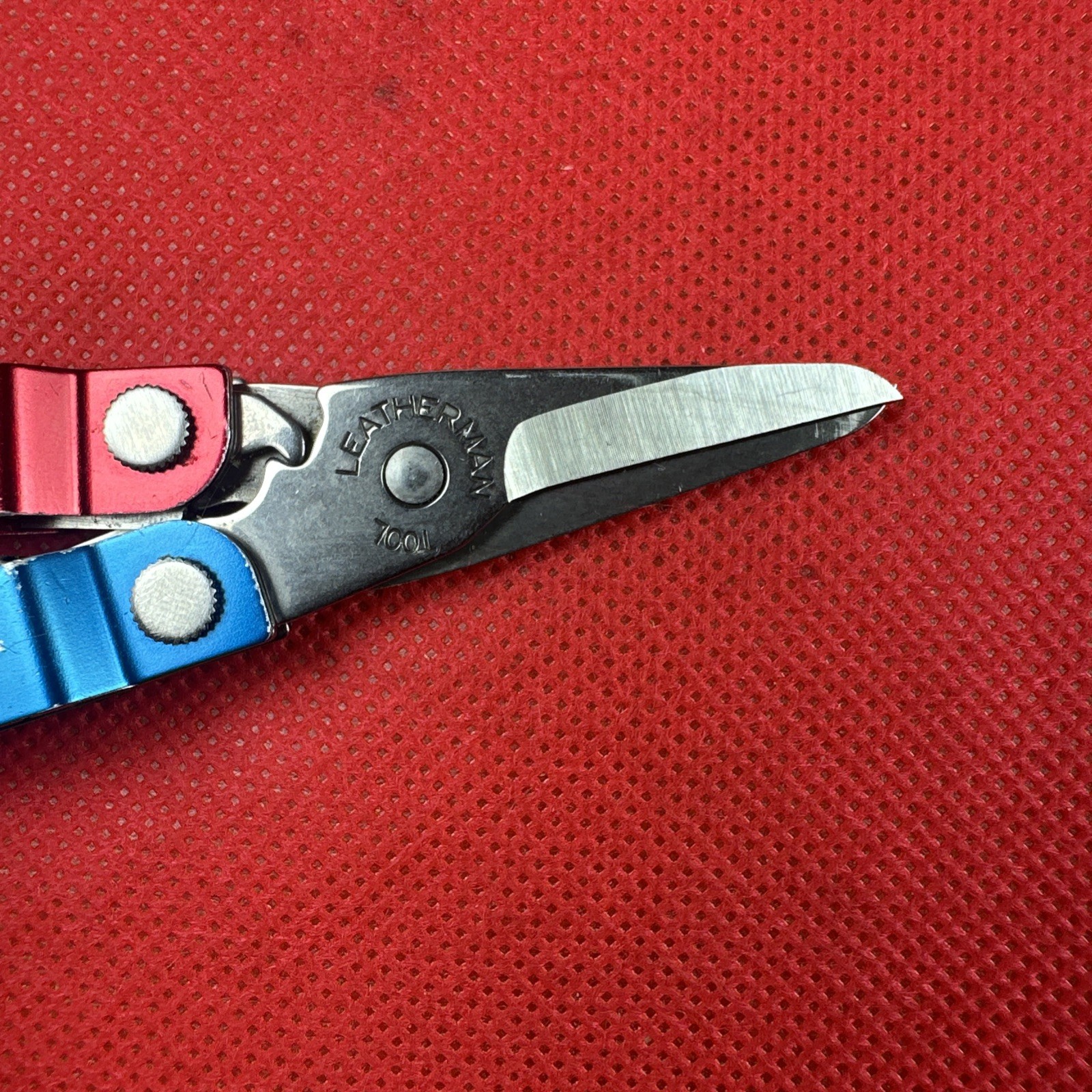 Red Blue Leatherman Micra Multi-Tool, scissor, knife, tweezer, screwdriver, EDC