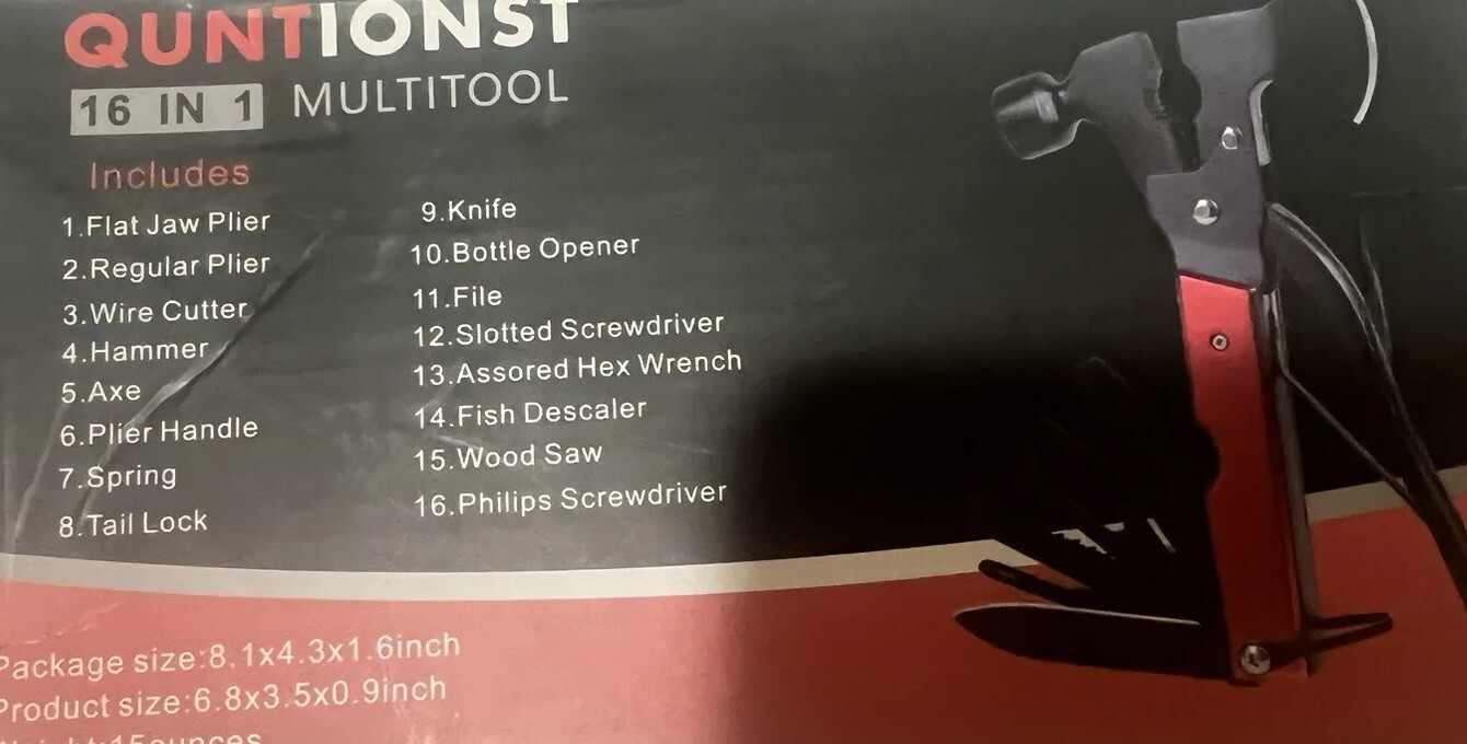 QuntionSt 16 in 1 Multitool Hammer Knife Bottle Opener Wire Cutter Pliers etc.