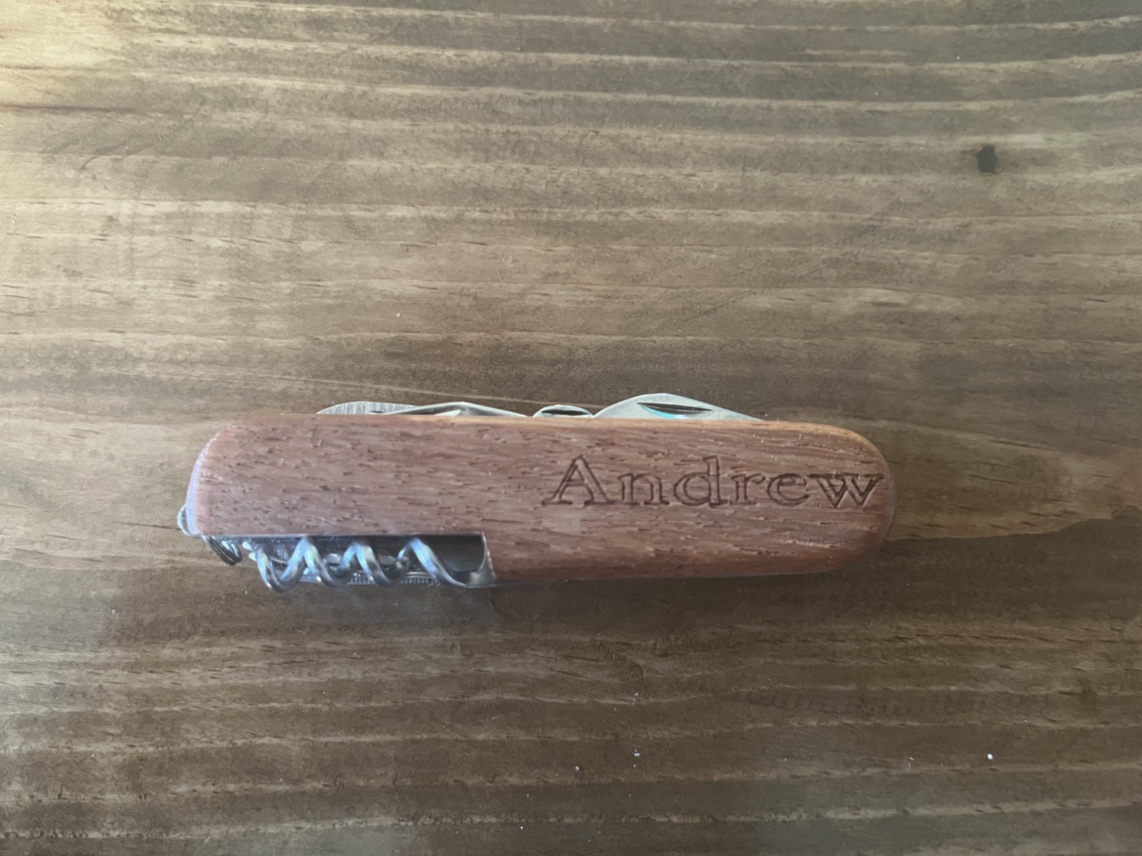 MULTI Function CAMPING TOOL KNIFE Swiss Army Style Wood Grain Engraved “ANDREW”