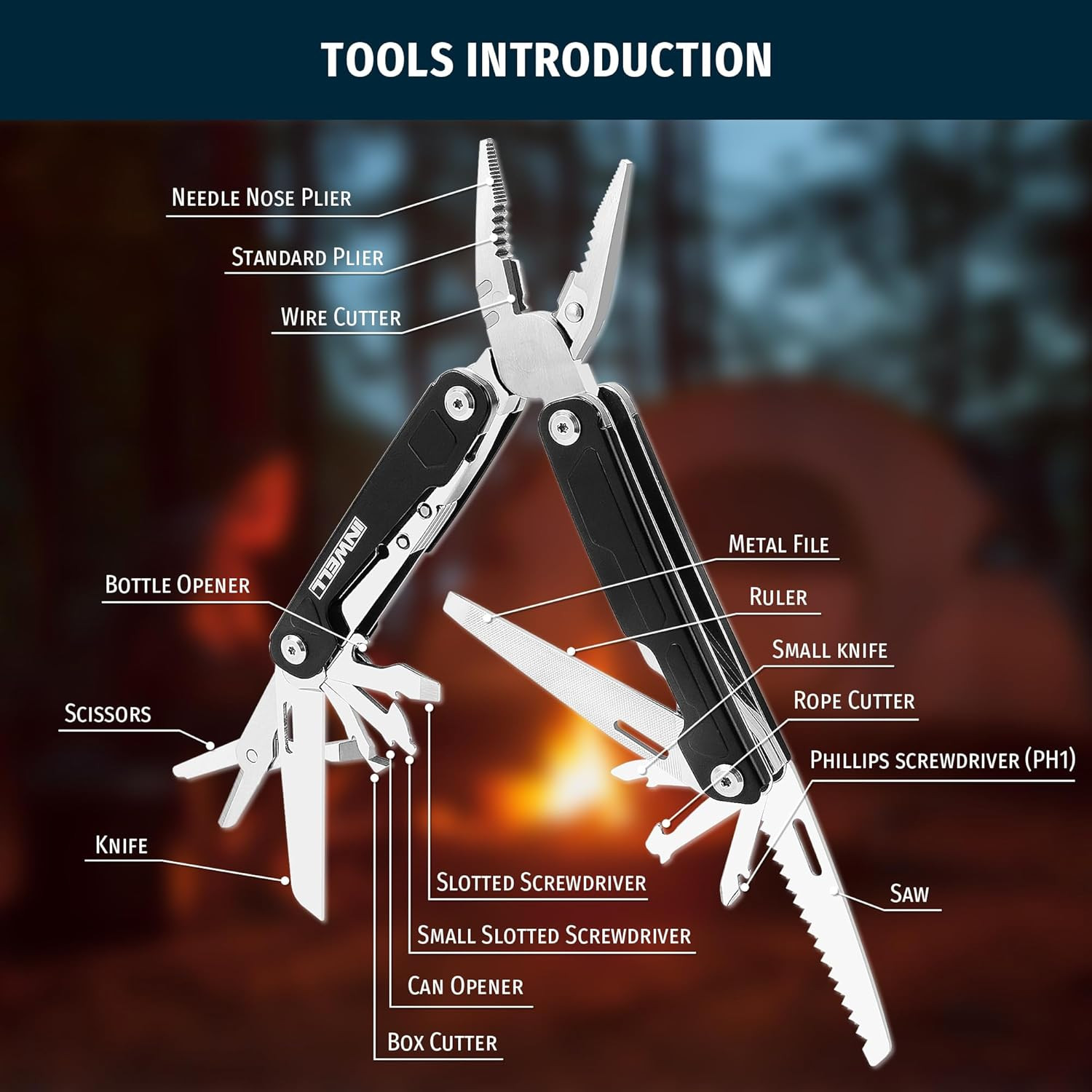 16-In-1 Multitool Pliers, Portable Camping Multi Tool with Safety Lock, Outdoor