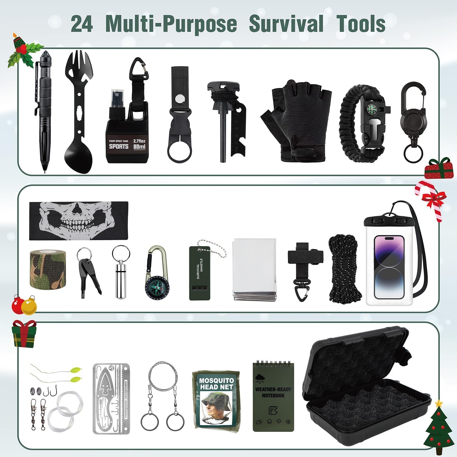 24-in-1 Survival Kit Multi-Tool Set for Camping, Hiking, Fishing & Hunting – Gre