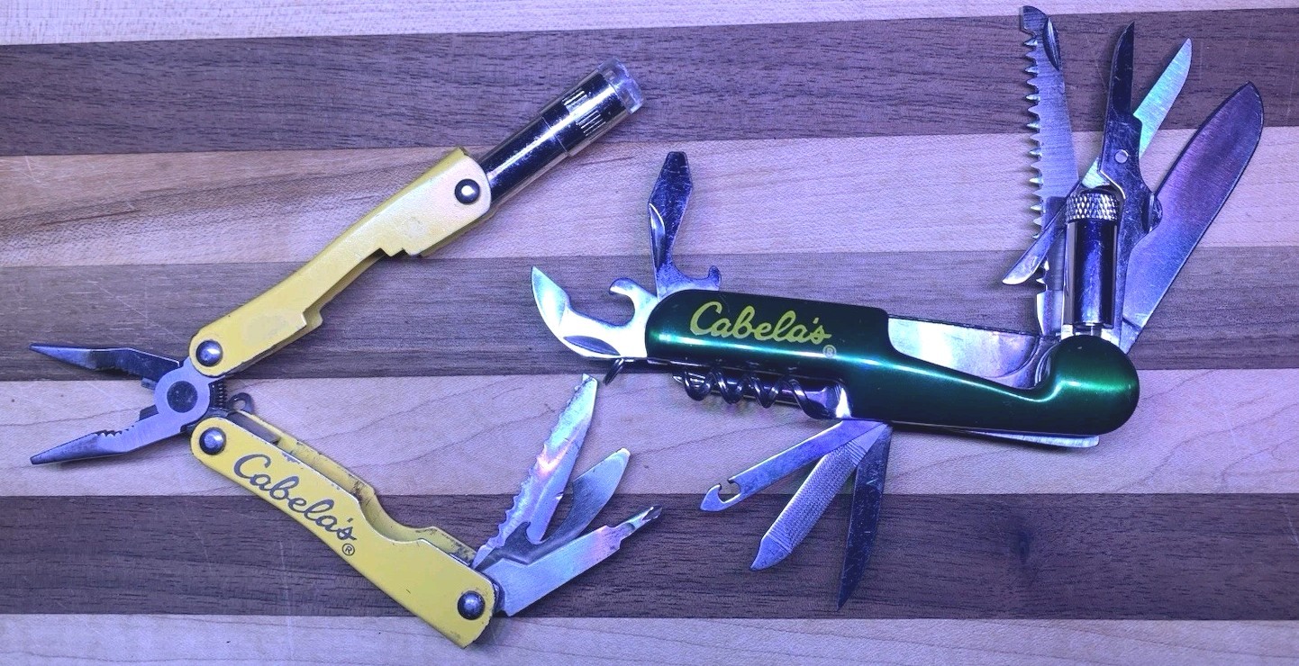 Lot 2 Cabelas Yellow & Green Multi-Tool Serrated Knife Many Functions
