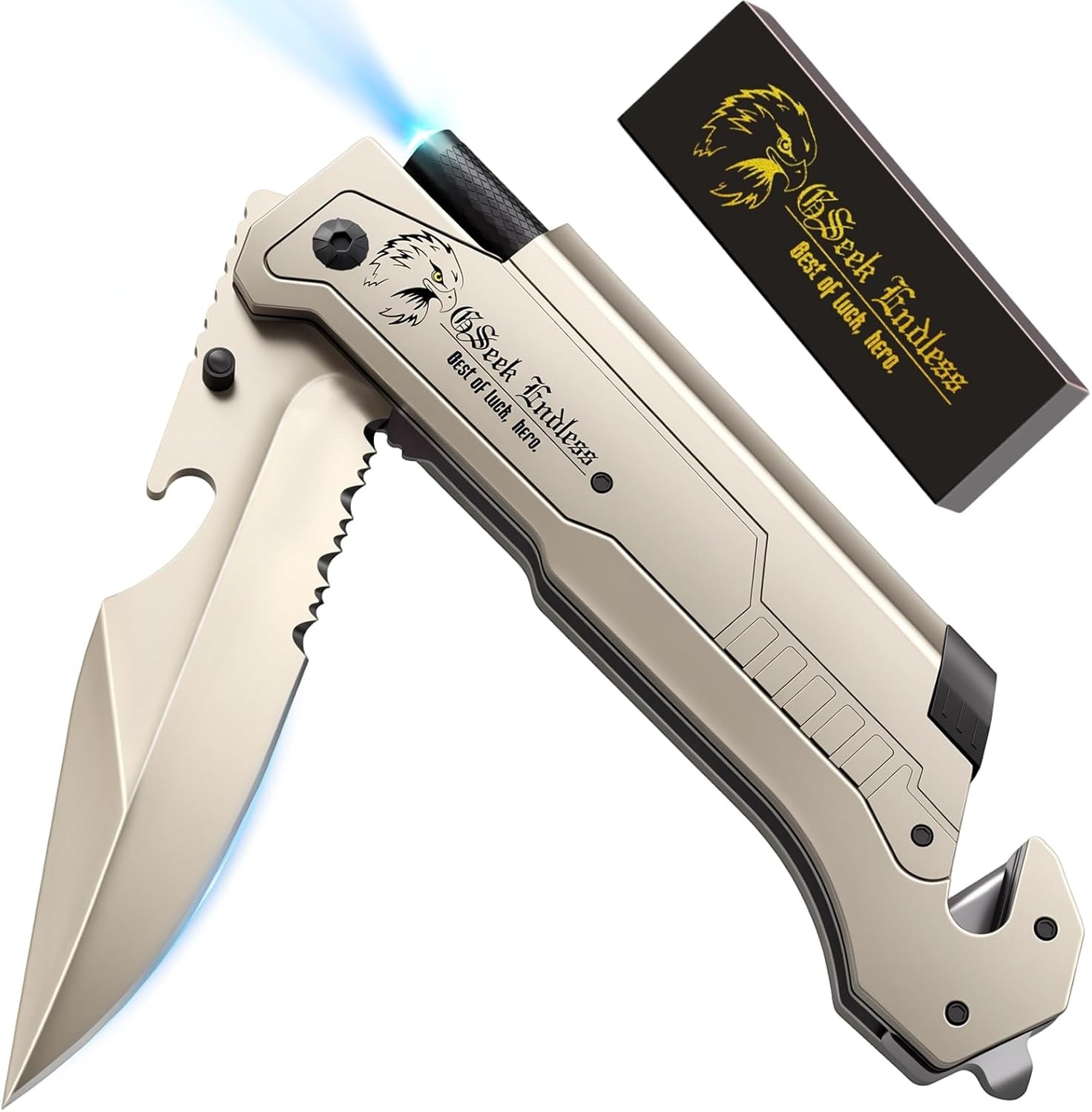7-in-1 Multitool Folding Pocket Knife – EDC Survival Knife with LED Light, Se…