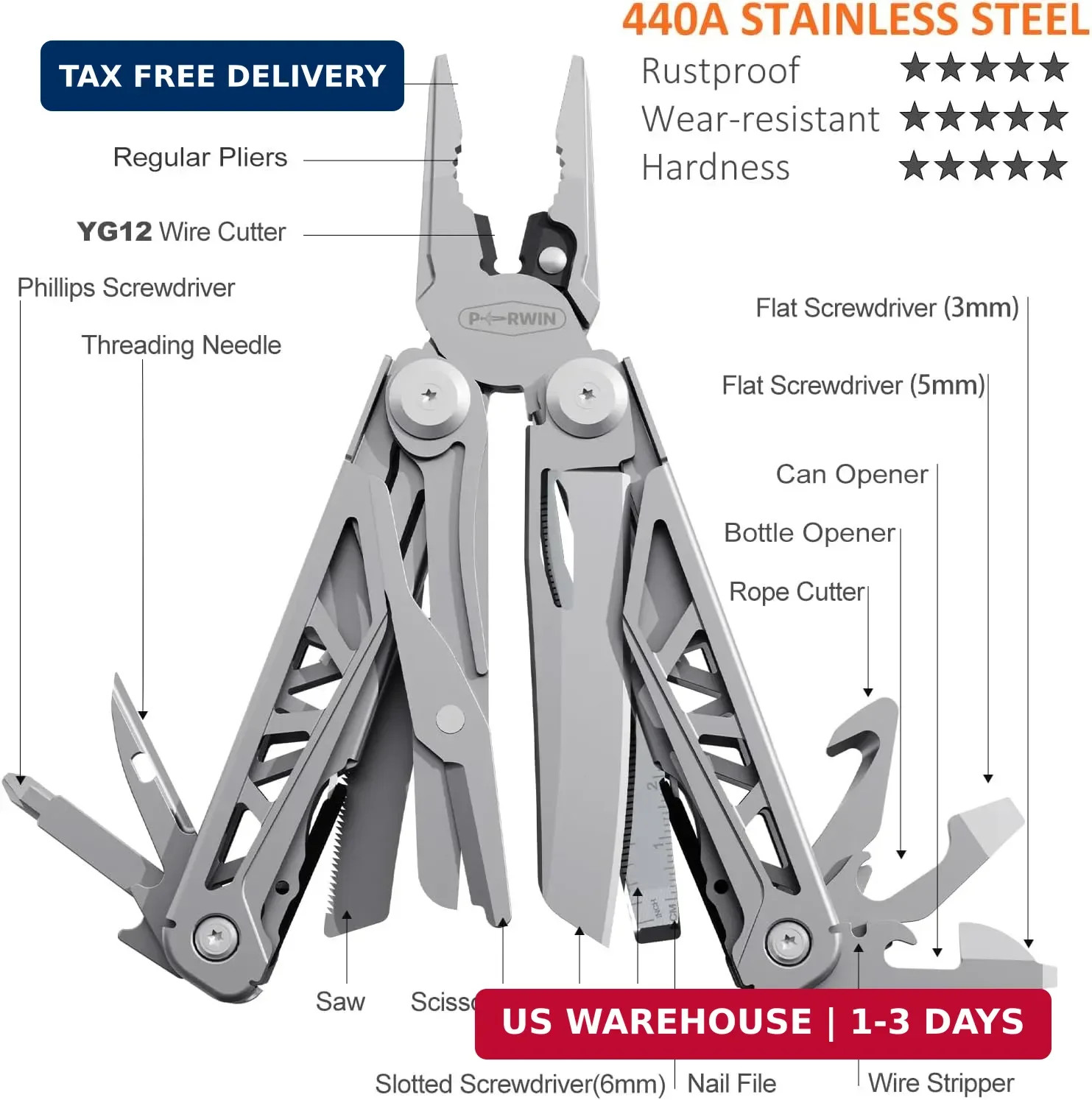PERWIN Multitool, 17-in-1 Stainless Steel Multi Tool Pliers with Self-Locking, P