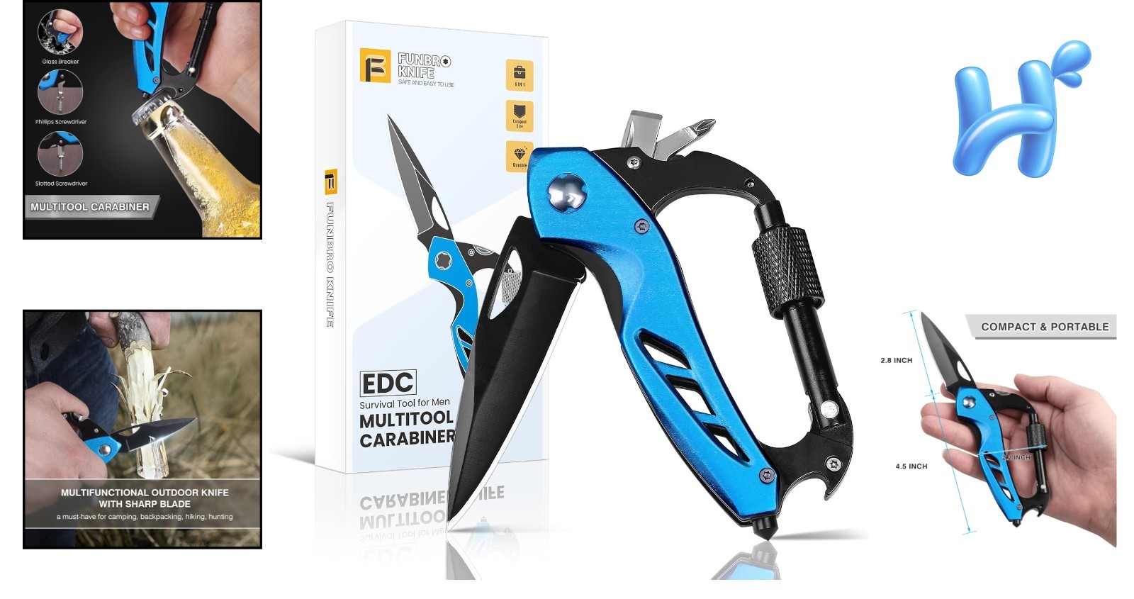 Durable Stainless Steel Multitool Carabiner – 6 Functions for Camping & Hiking