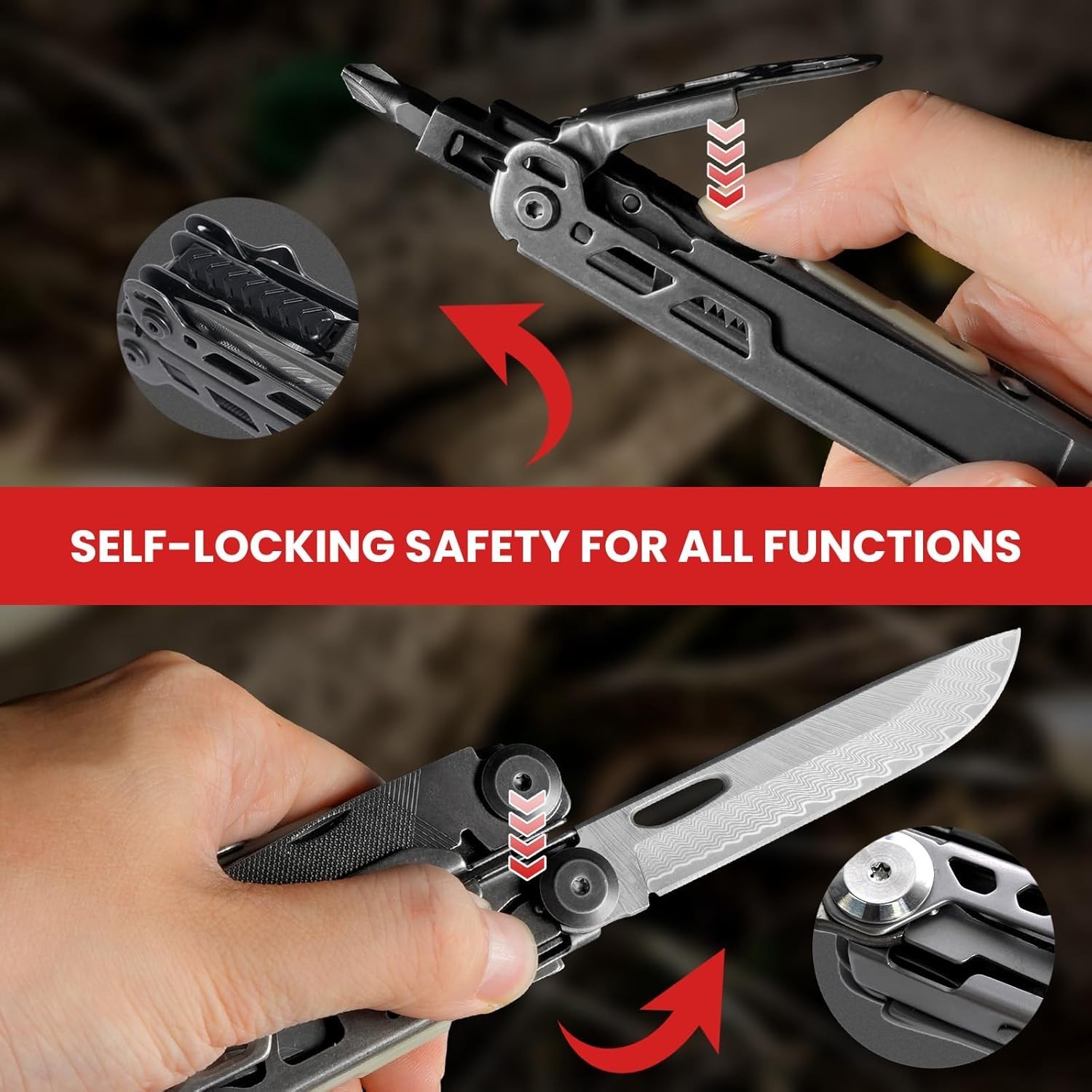 Compact 33-in-1 Multitool with Damascus Knife & Luminous Strip for Low-Light Use