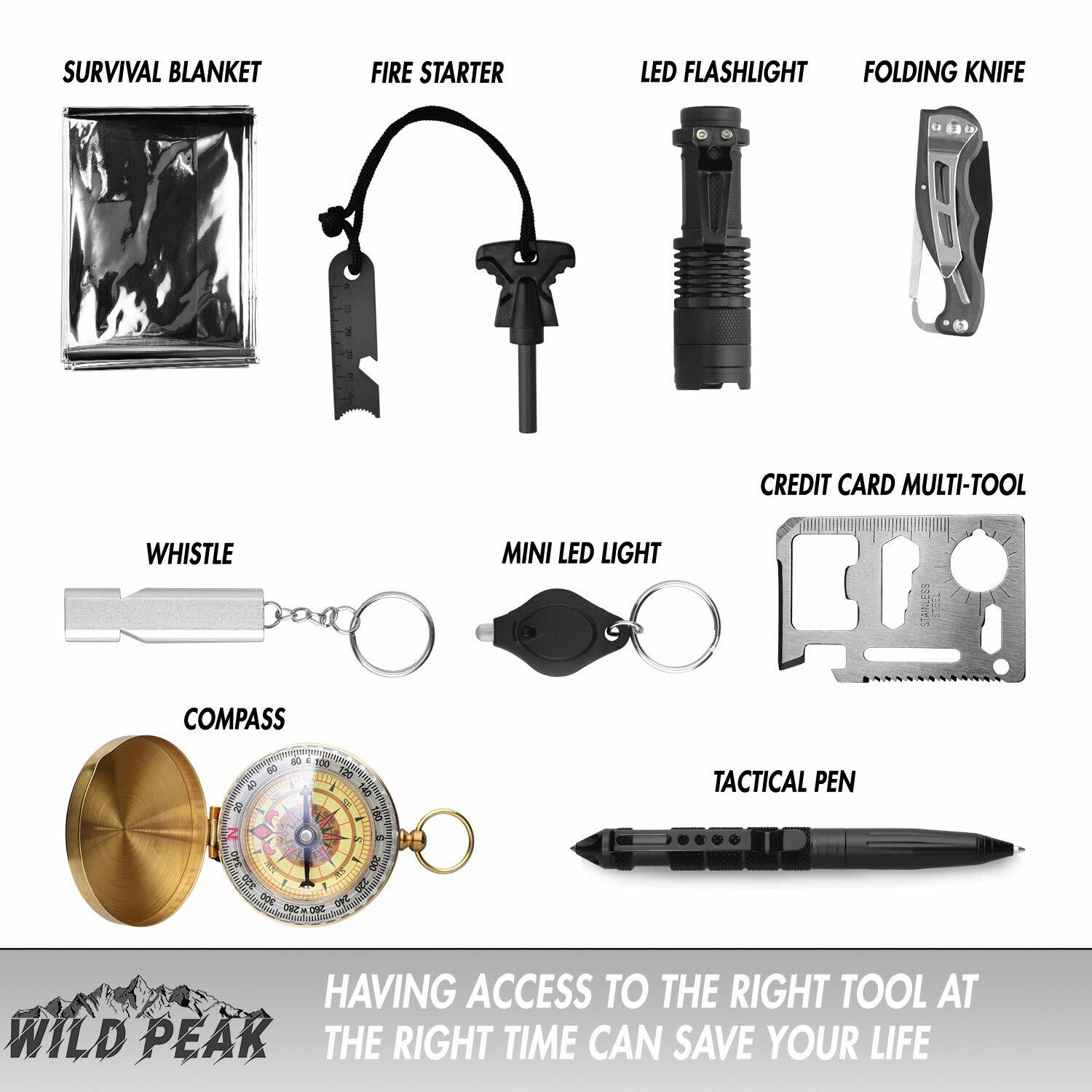 Wild Peak Prepare-1 Survival Kit with Water Bottle & Filter Straw for Camping