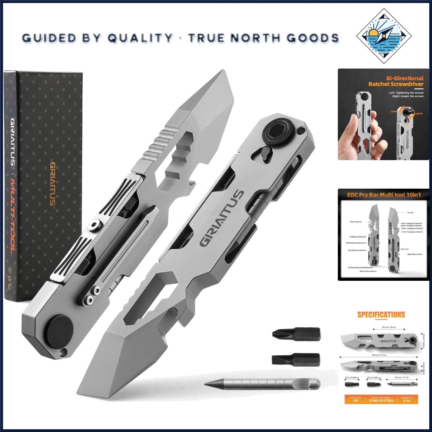 Functional Pry Bar Multitool with Magnetic Pen and Various Tools for Outdoors