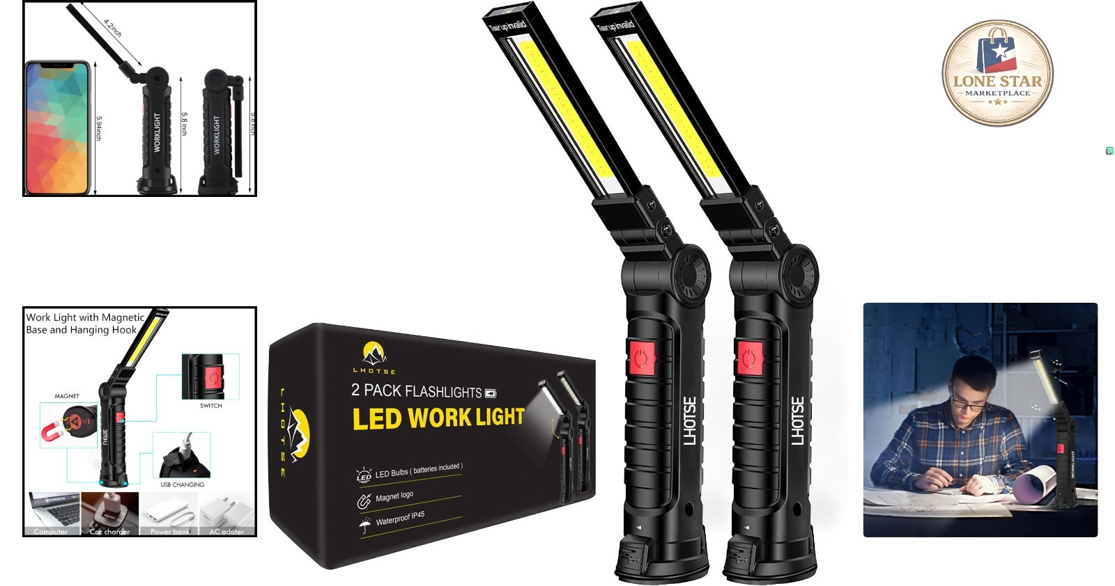 Powerful LED Work Light 2-Pack with 360° Rotation & Magnetic Base – Rechargeable