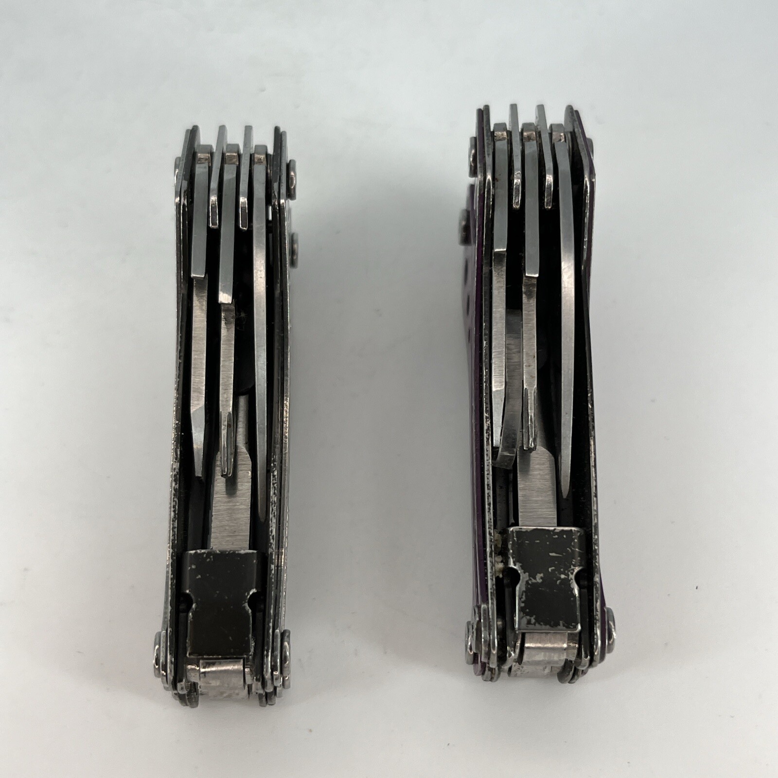 LOT OF 2 Cabela’s PURPLE & SILVER Mini MultiTool Spring Open Pliers Scissors Saw