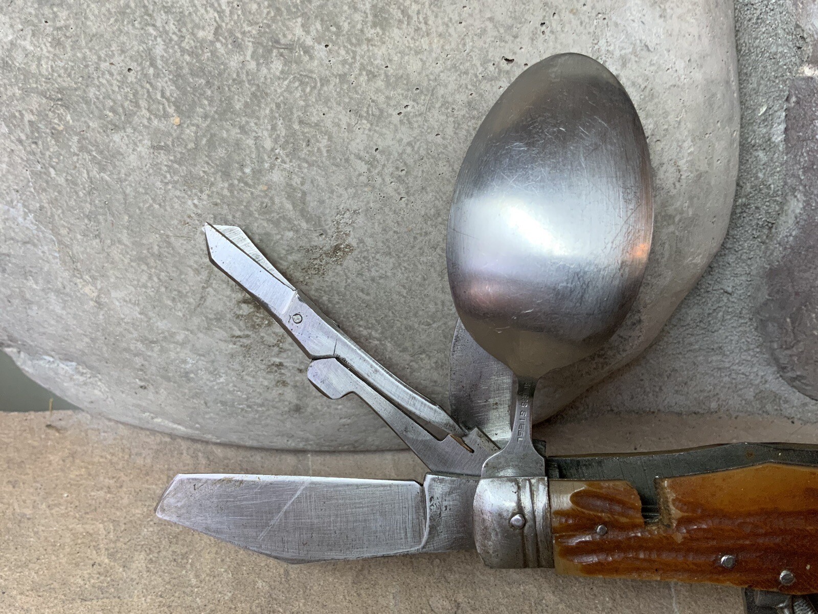 Vtg Camp Multi Tool 11 Gadgets Full Size Spoon Fork Saw Knife Open Hi Test Japan